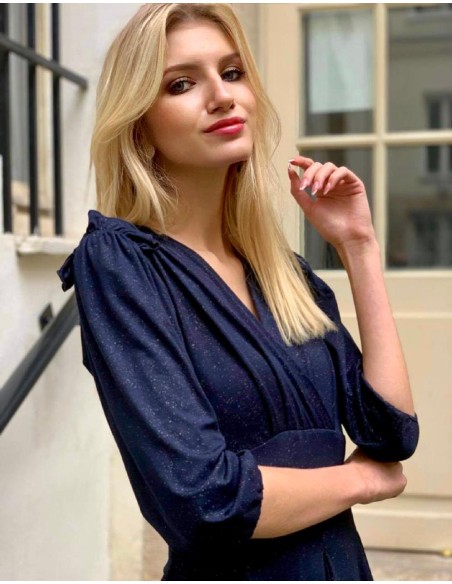 Robe drapée manches 3/4 en jersey bleu Giulietta