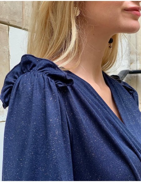 Robe drapée manches 3/4 en jersey bleu Giulietta