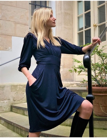 Robe drapée manches 3/4 en jersey bleu Giulietta