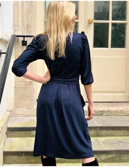 Robe drapée manches 3/4 en jersey bleu Giulietta