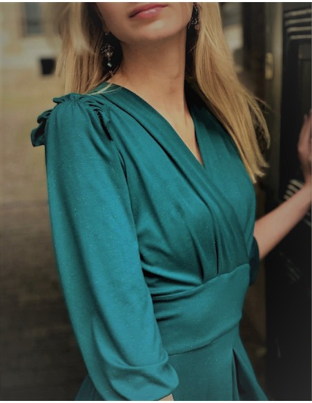 Robe drapée manches 3/4 en jersey bleu Giulietta