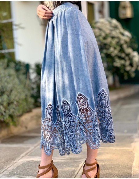 Jupe longue en coton bleu jean Léonie