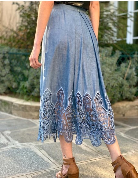 Jupe longue en coton bleu jean Léonie