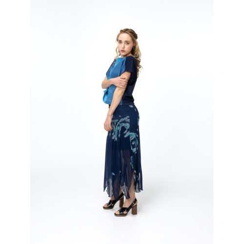 Haut Léa en bi-matière tie-and-dye bleu