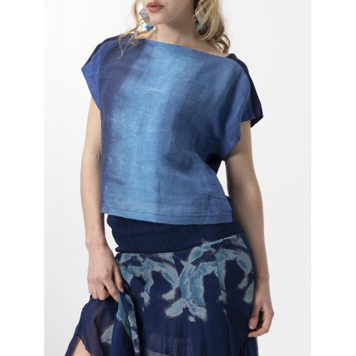 Haut Léa en bi-matière tie-and-dye bleu
