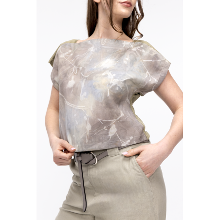 Haut Léa en bi-matière chintz et éco-daim kaki