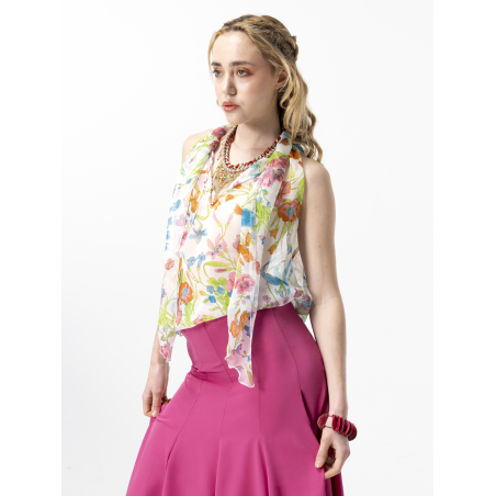 Haut lavallière Fiona en soie multicolore