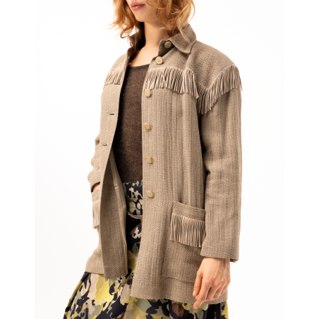 Delia Fringed Jacket in Herringbone Cotton and Linen