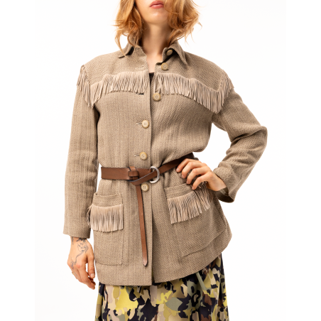 Delia Fringed Jacket in Herringbone Cotton and Linen