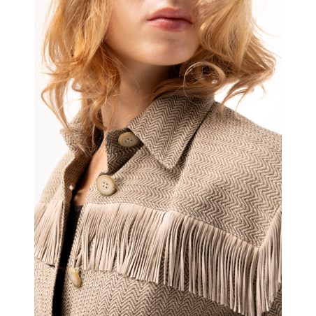 Delia Fringed Jacket in Herringbone Cotton and Linen