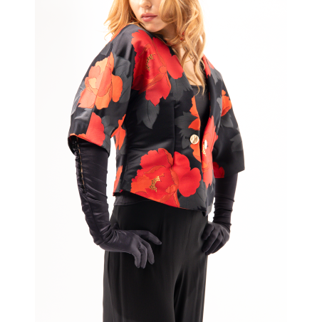 Florence Kimono Jacket in Red and Black Silk Brocade