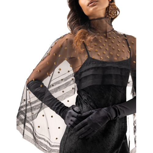 Hand-embroidered black tulle Diva cape