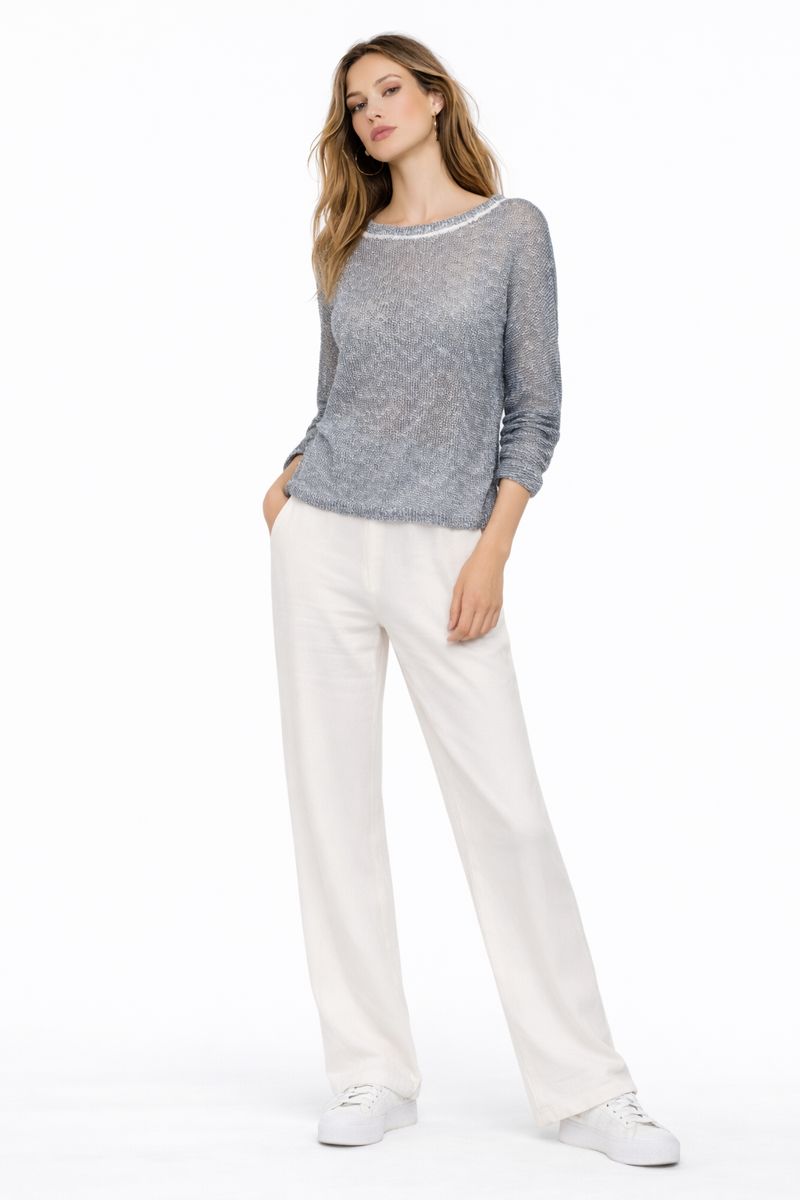 Pull en maille fine bleu glacier et blanc