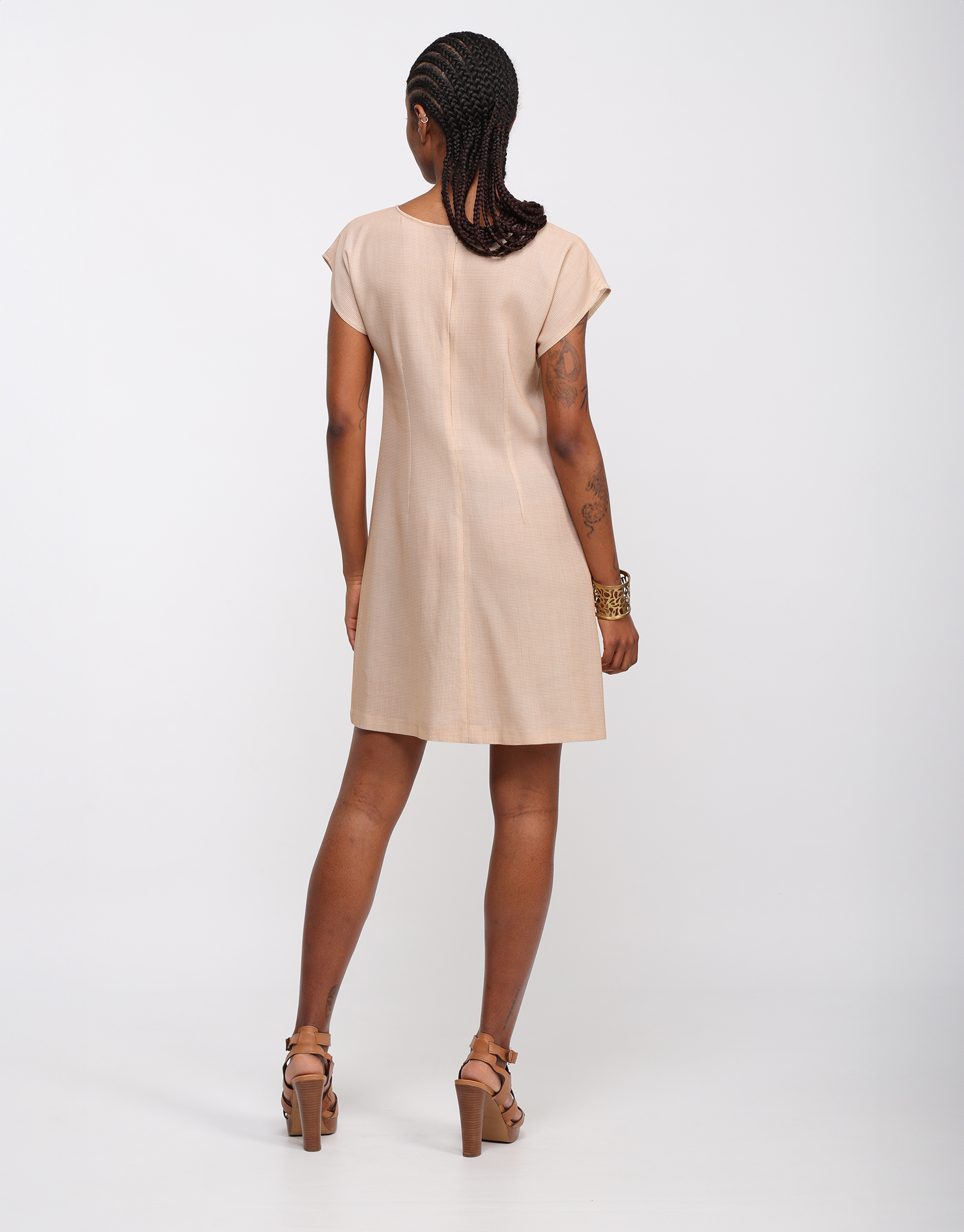 Short A-line dress in fine beige honeycomb wool