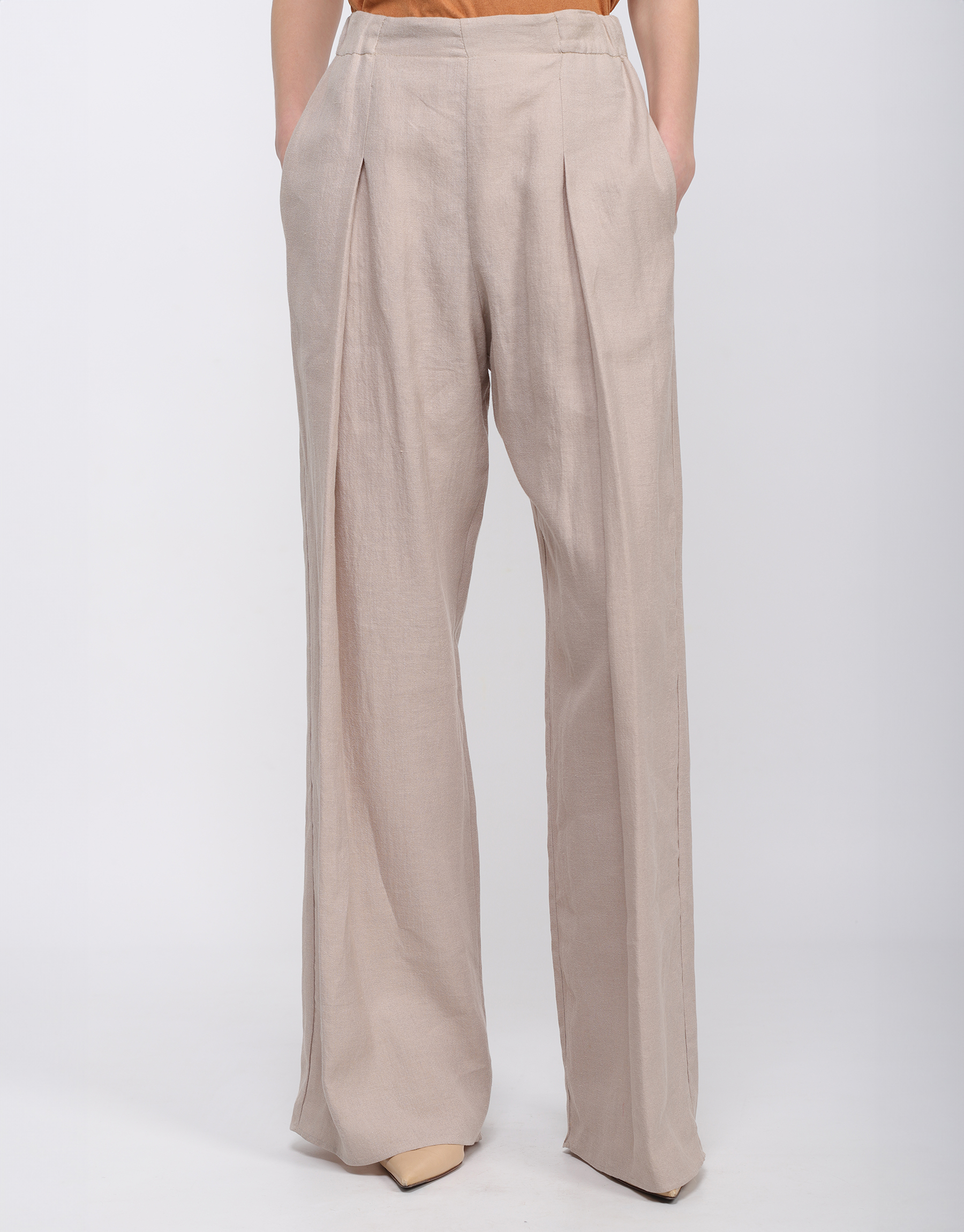 Pantalon taille haute à plis en coton et viscose mastic