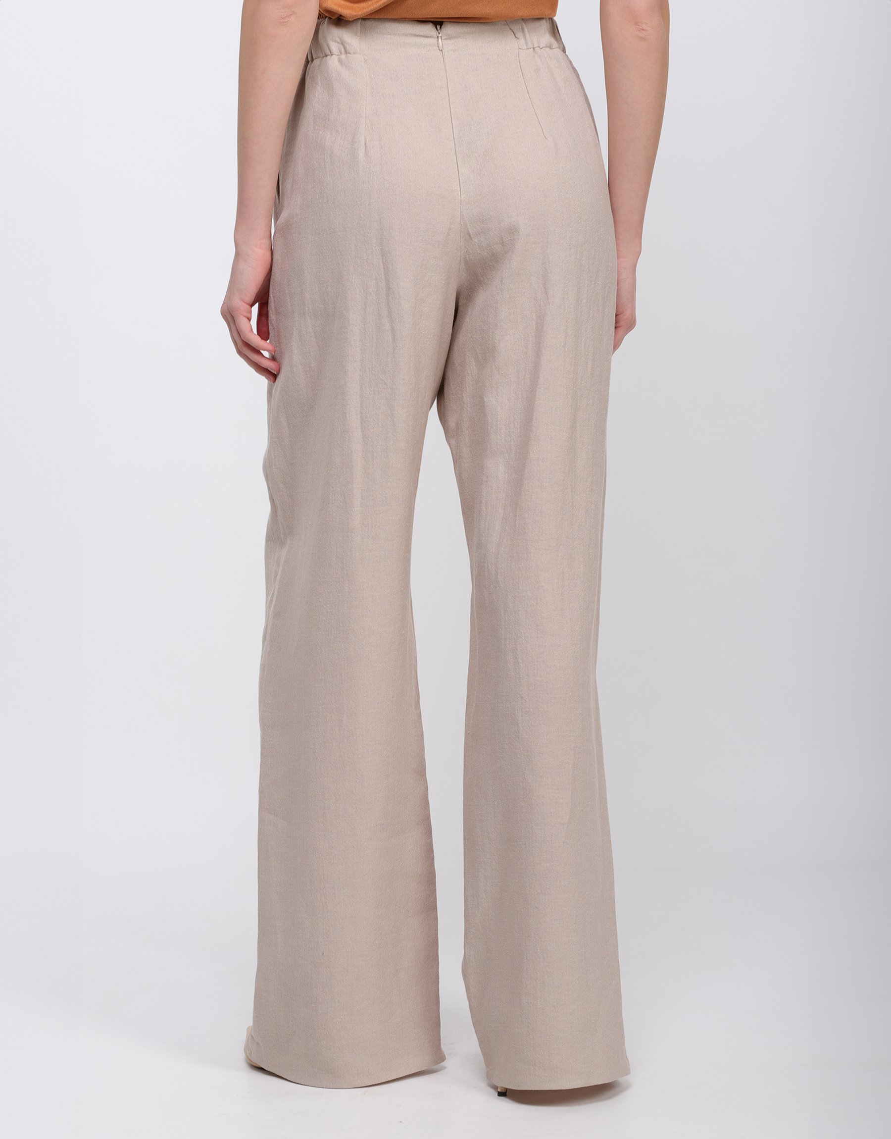 Pantalon taille haute à plis en coton et viscose mastic