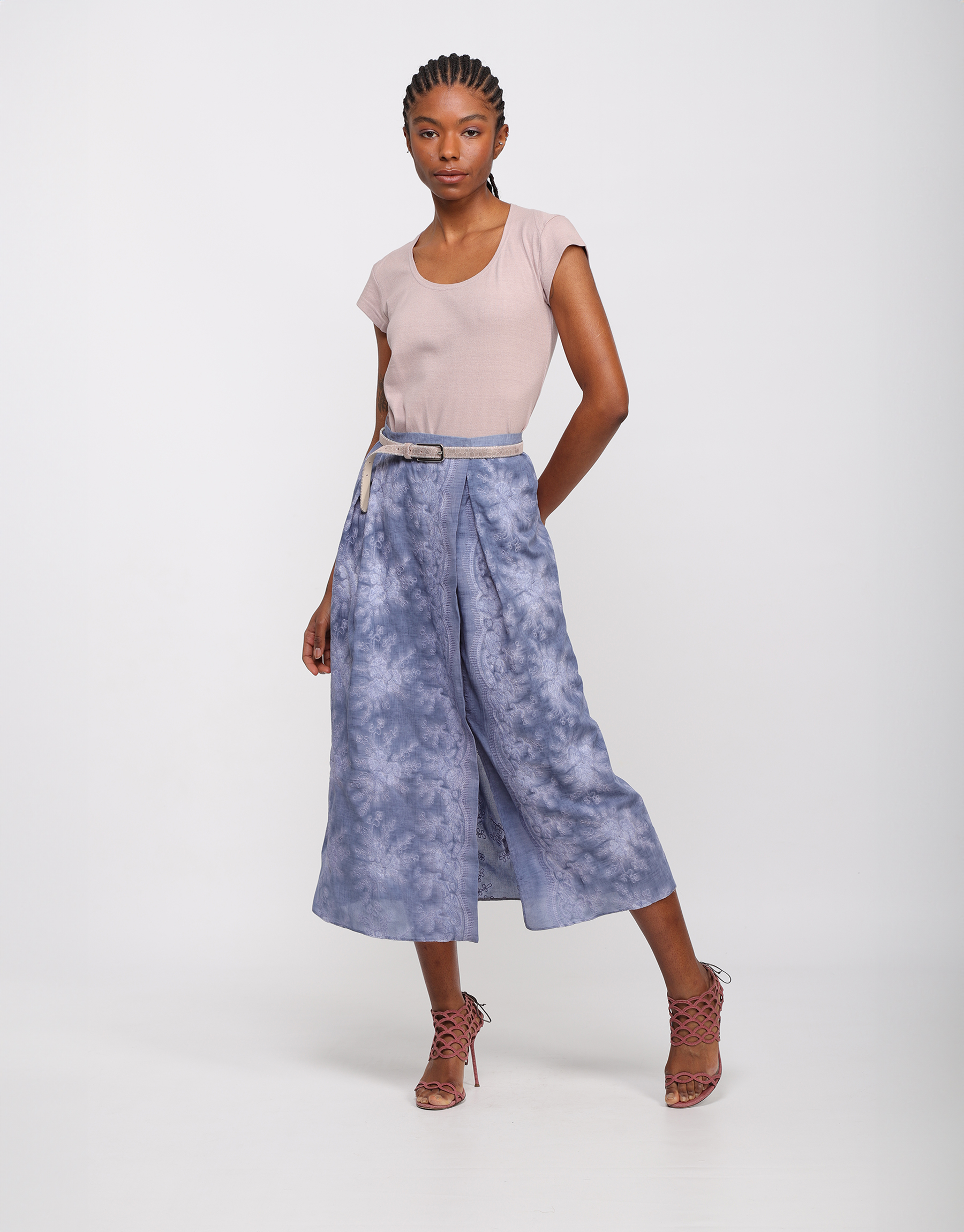Long pleated skirt in embroidered faded denim blue cotton canvas