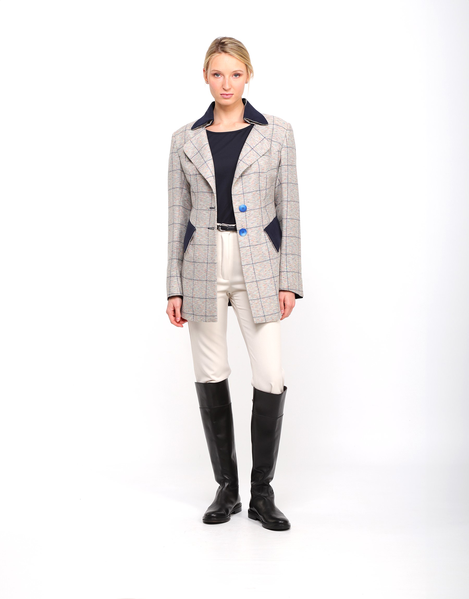 Long fitted jacket in gray blue checkered fabric in pastel tones