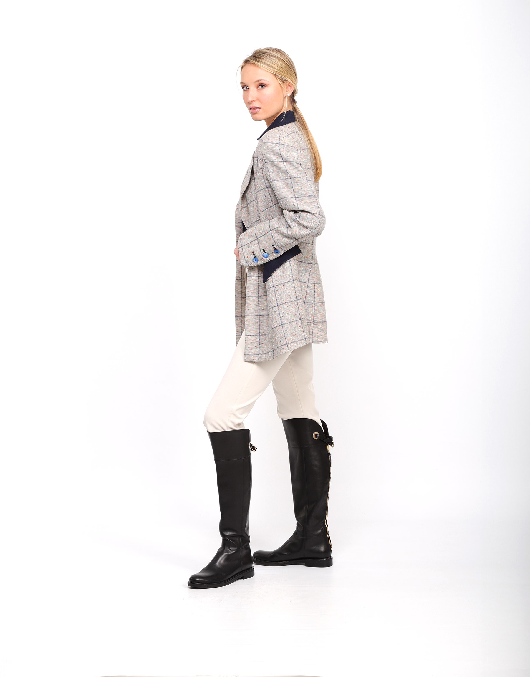 Long fitted jacket in gray blue checkered fabric in pastel tones