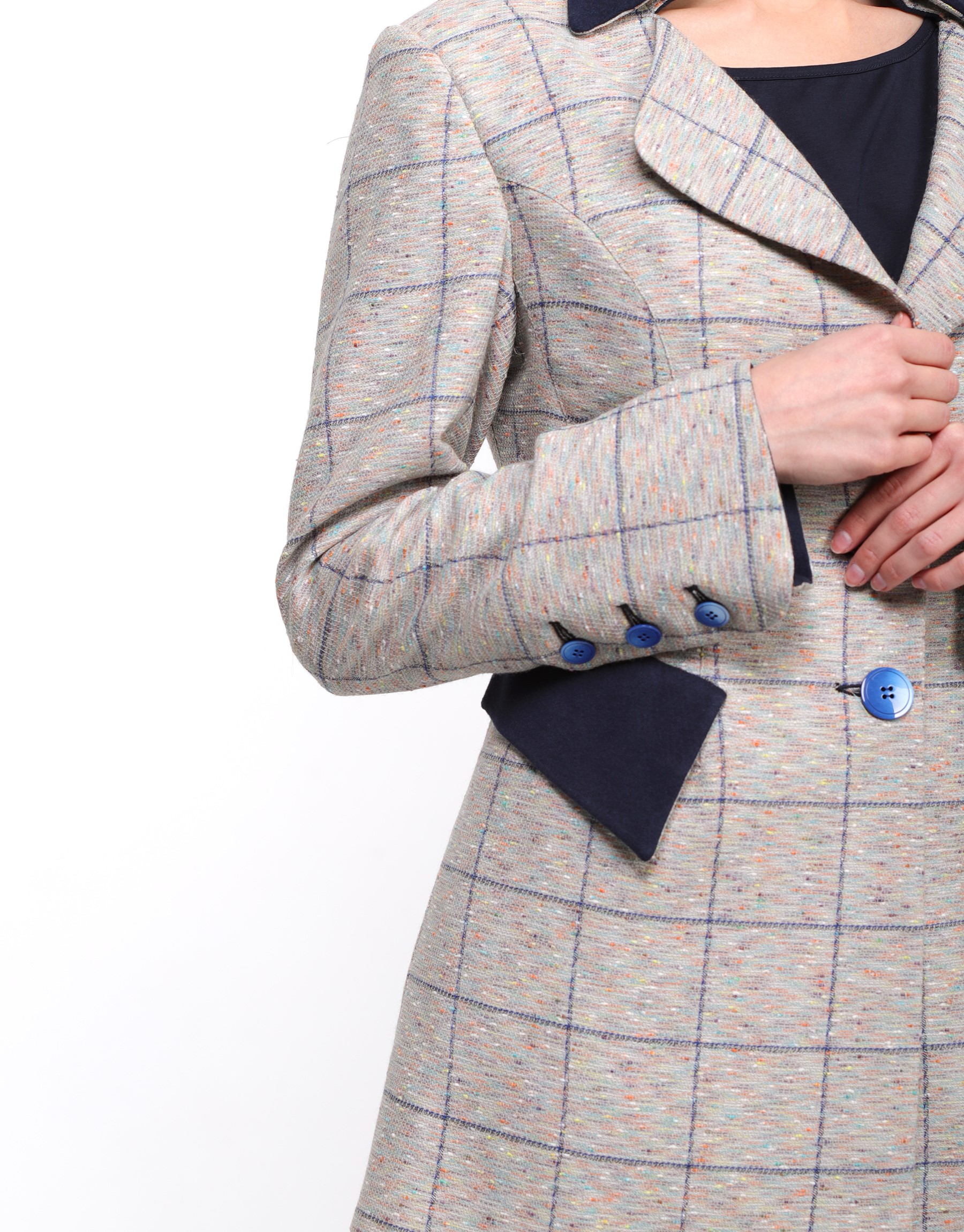 Long fitted jacket in gray blue checkered fabric in pastel tones