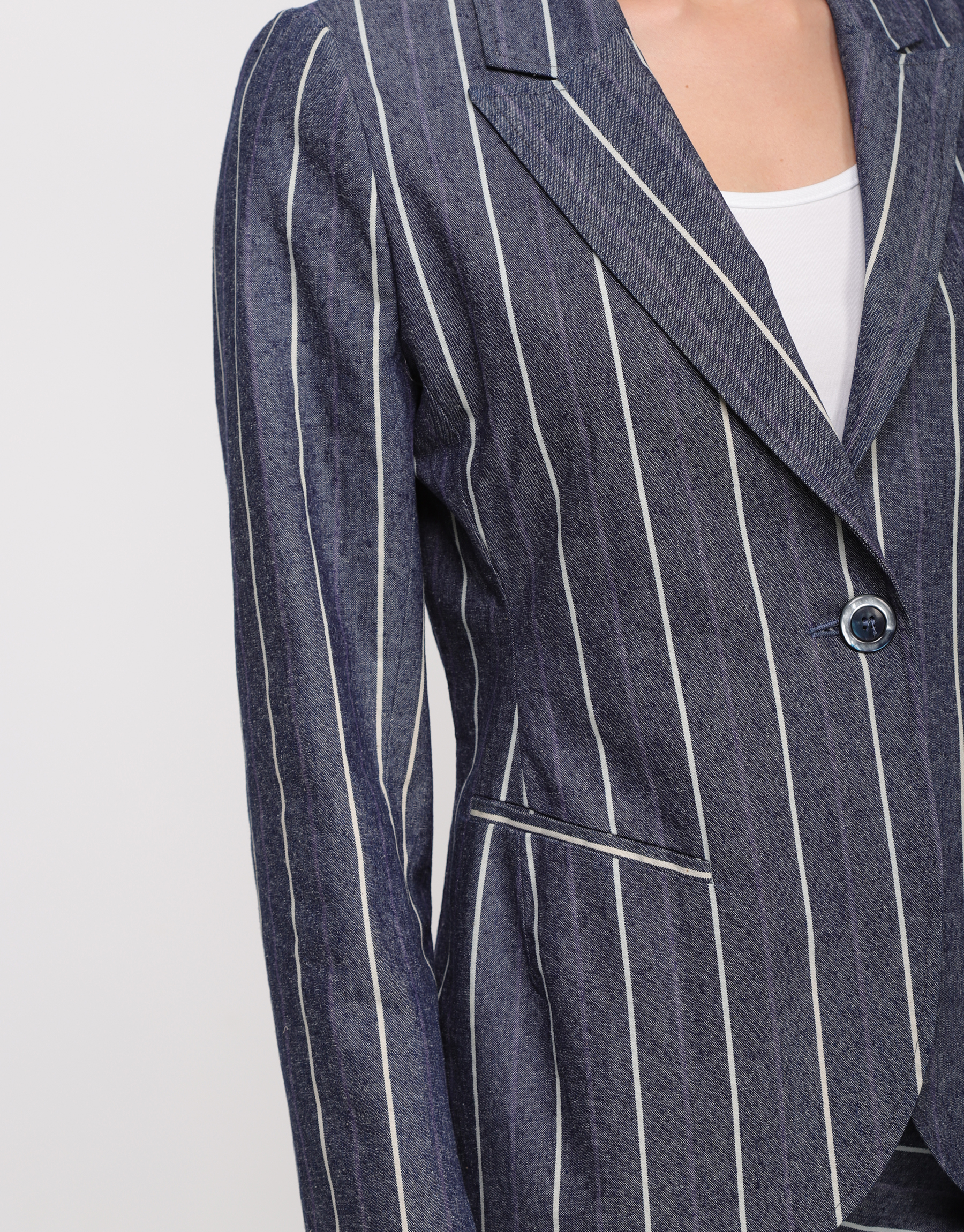 Blue denim blazer with white stripes