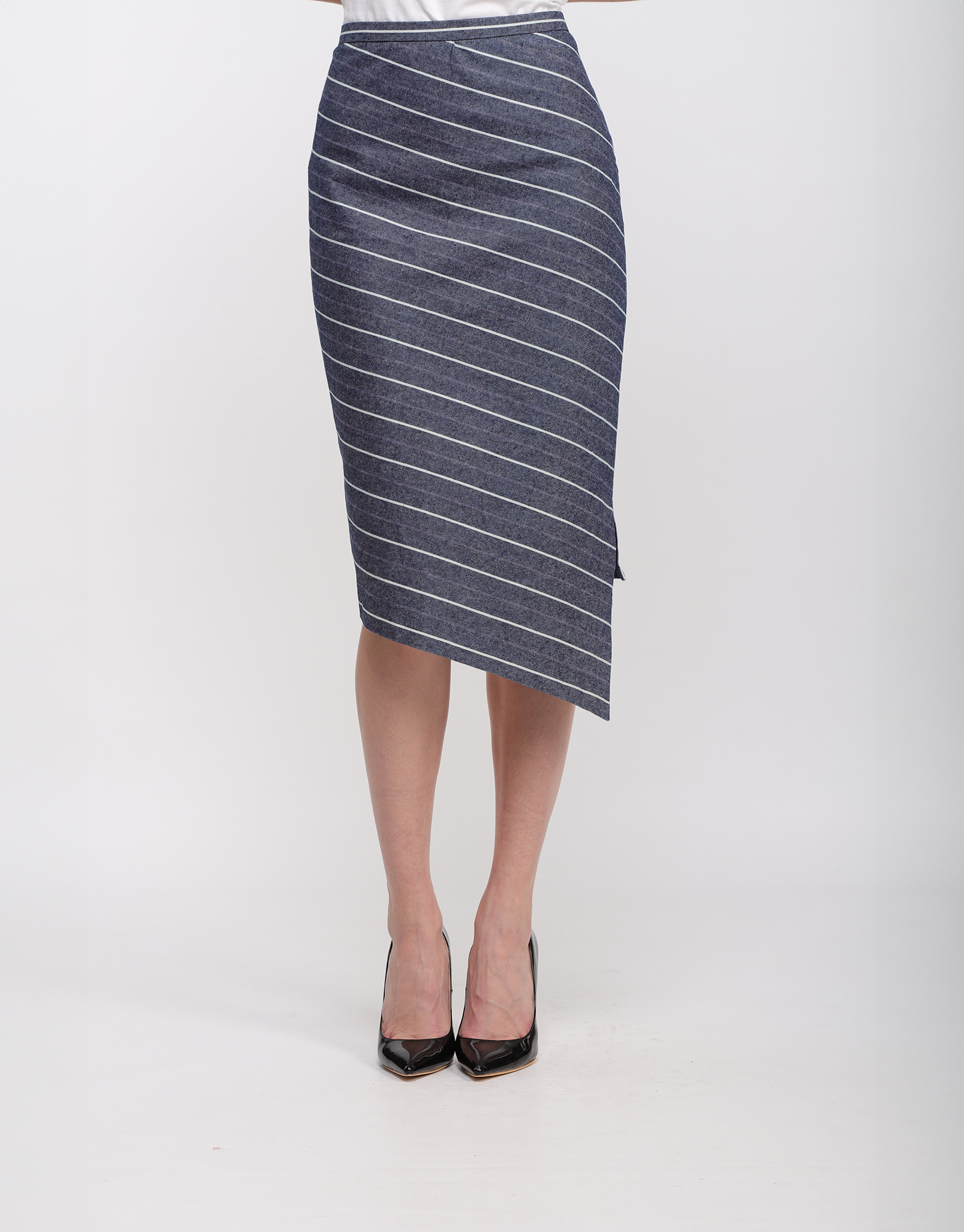Asymmetrical pencil midi skirt in blue cotton with white stripes
