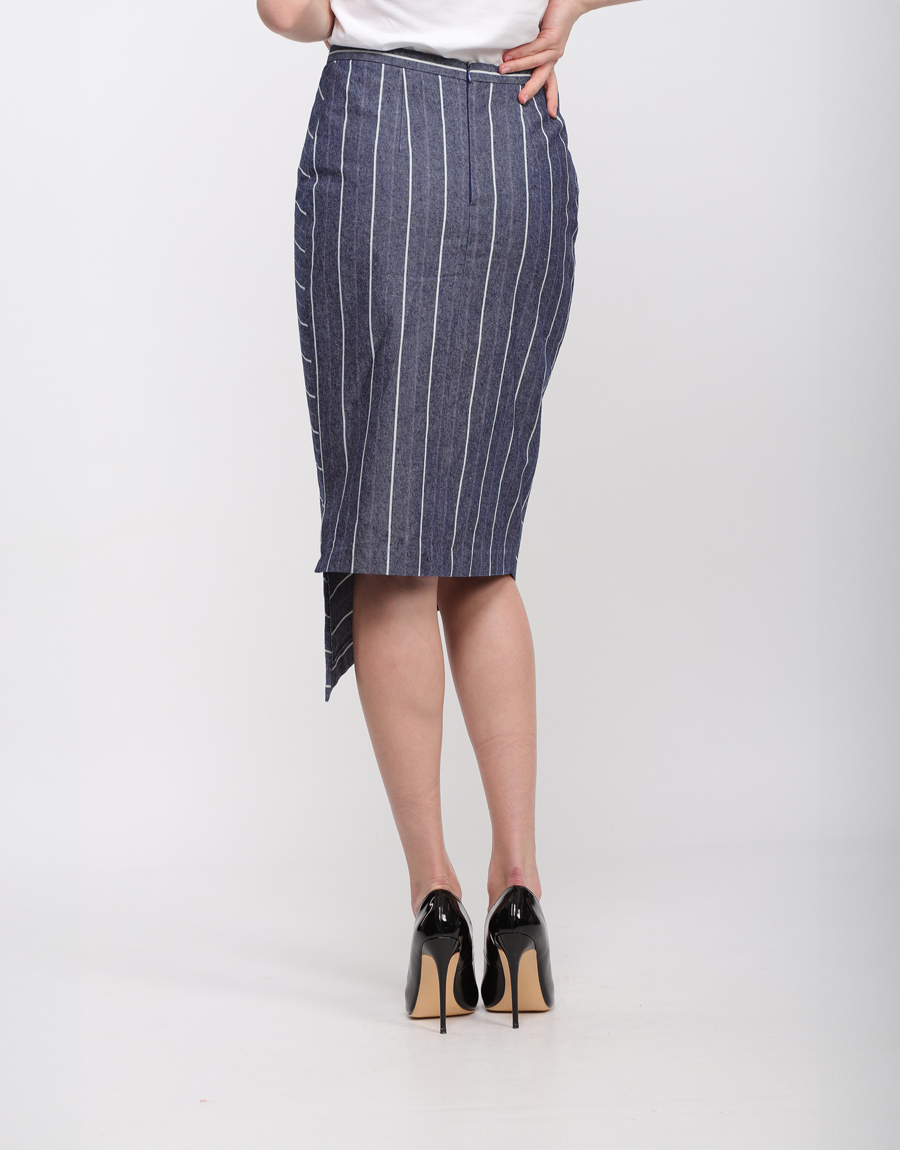 Asymmetrical pencil midi skirt in blue cotton with white stripes