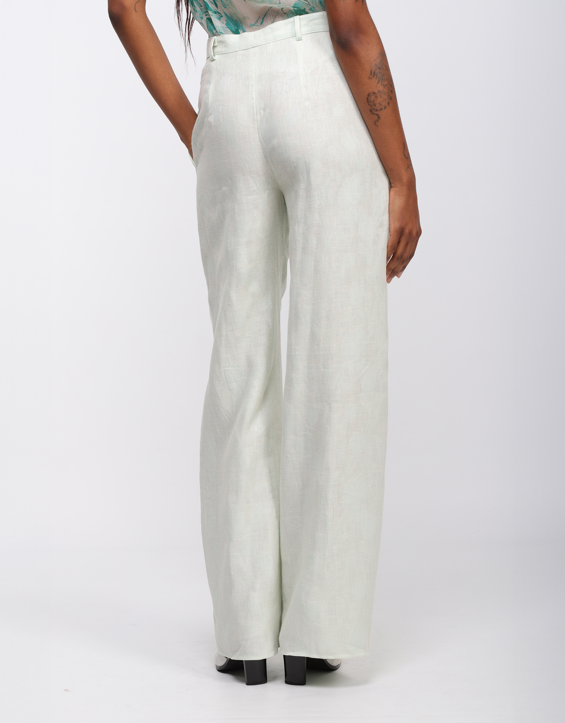 Pantalon large en brocart de lin vert d'eau et ivoire