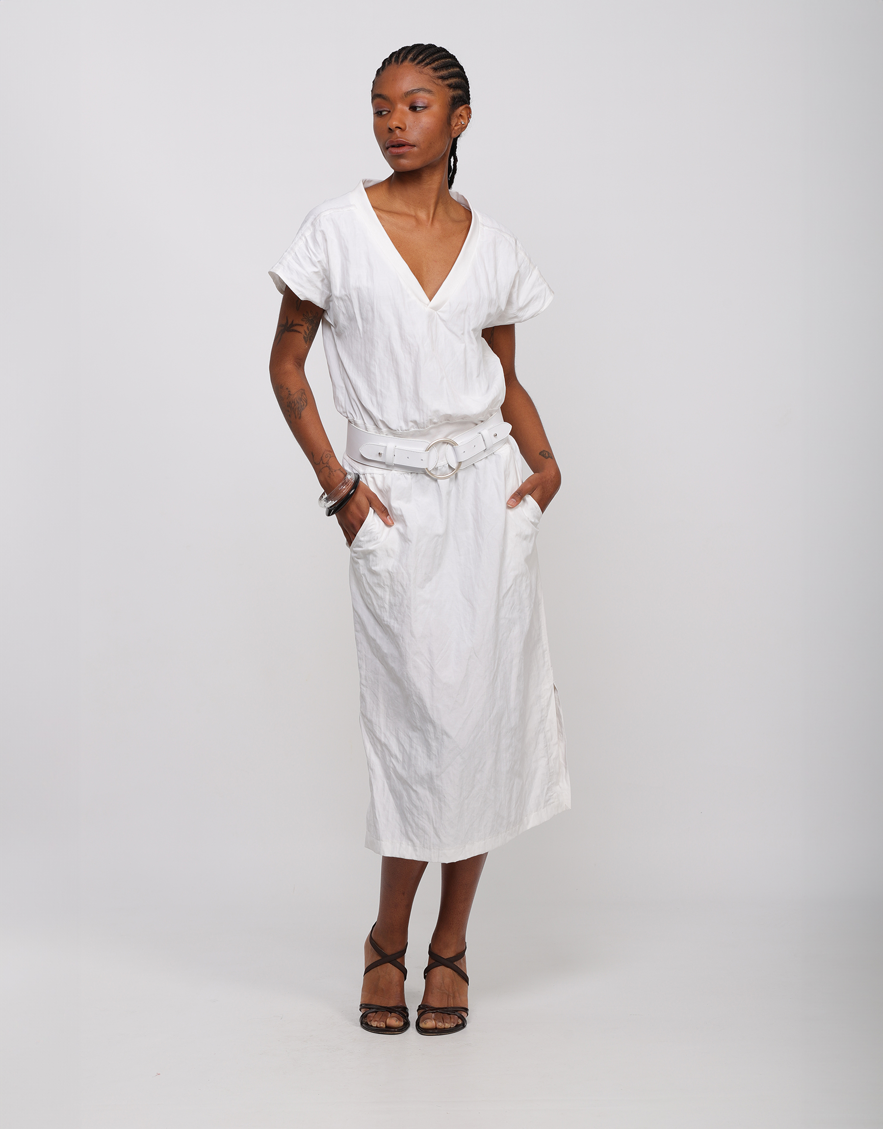 Flowing shift dress in waffle canvas and white jersey