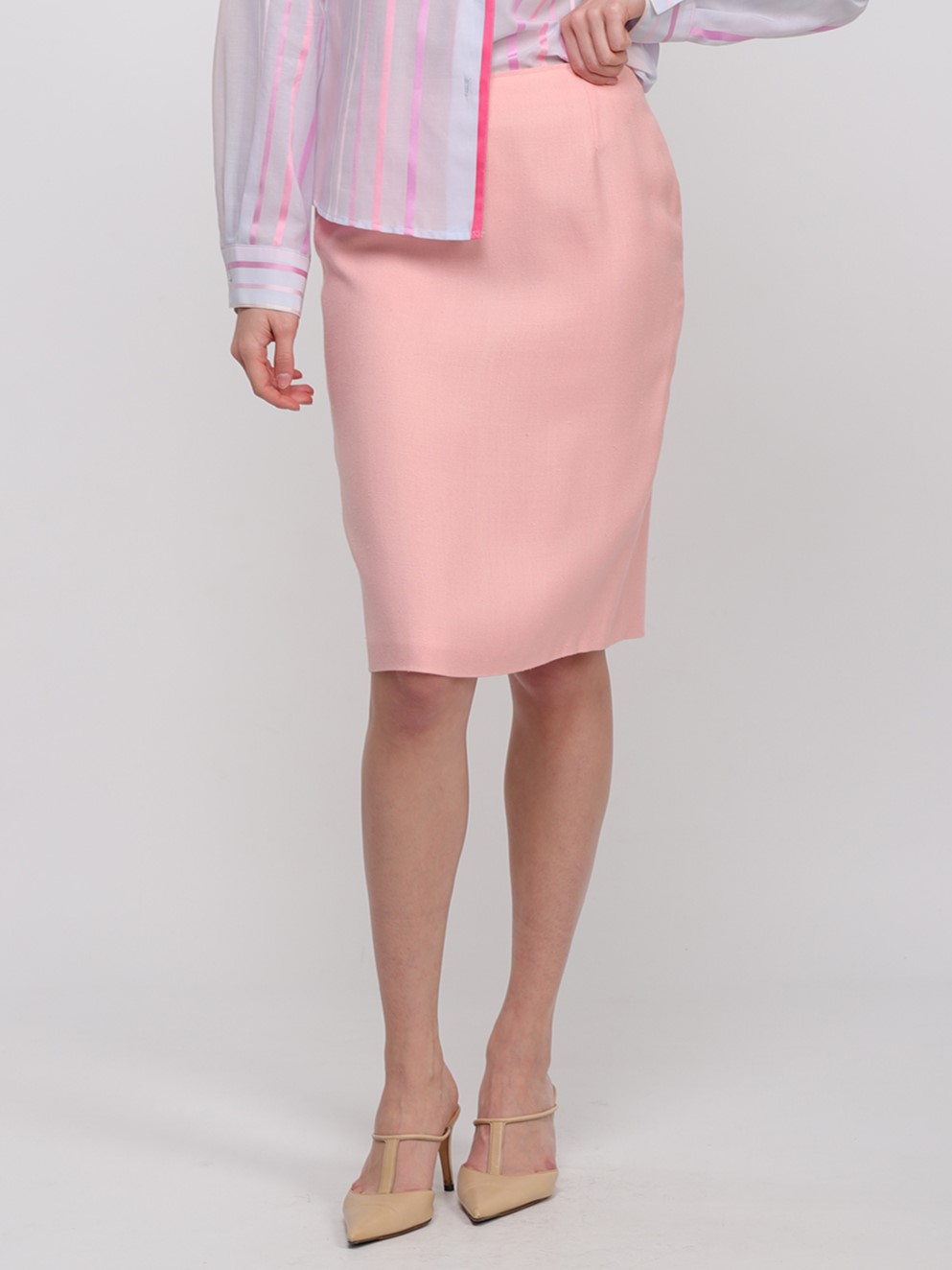 Midi pencil skirt in pink cotton canvas and viscose