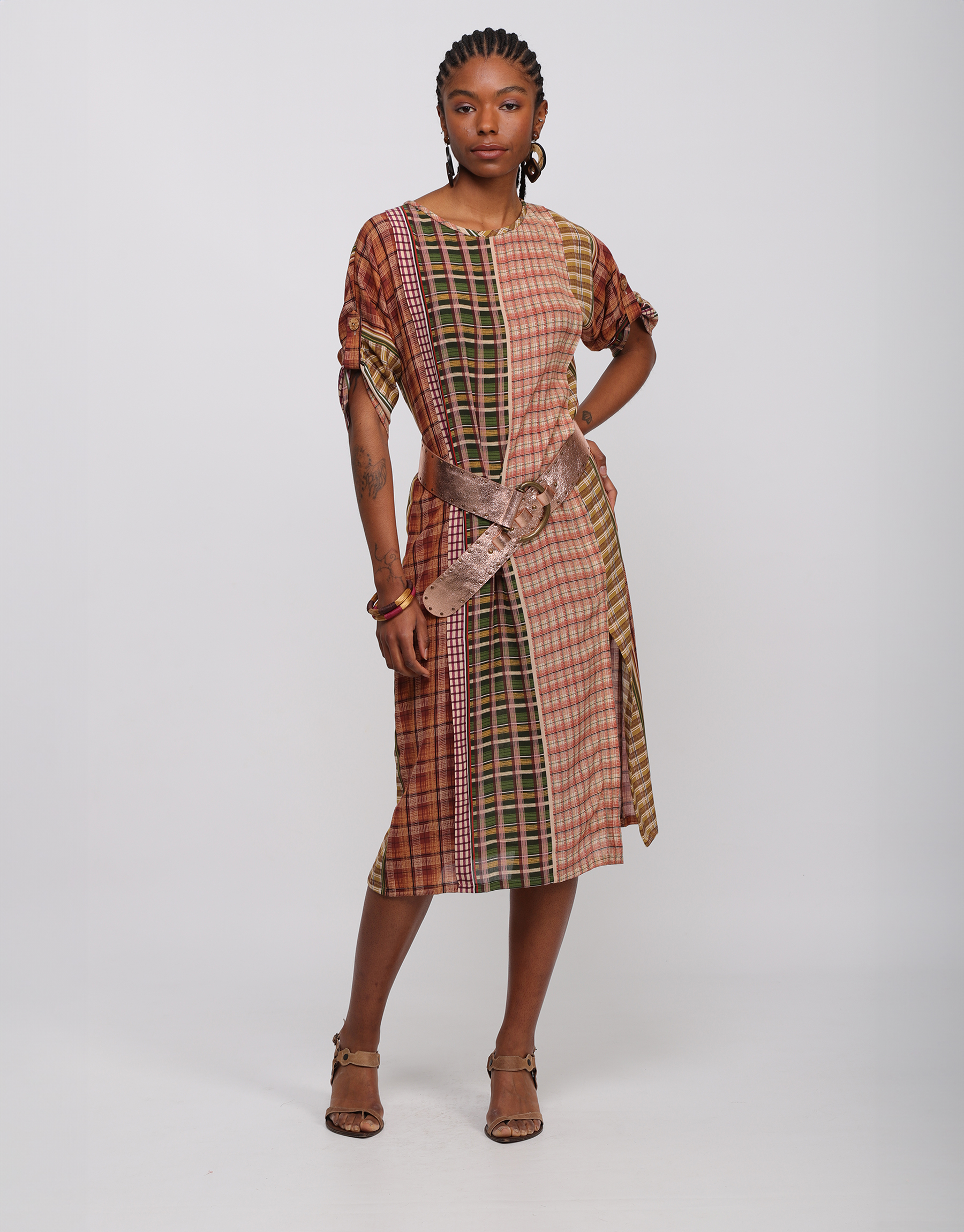 Flowing straight dress in patchwork madras printed viscose in spice tones