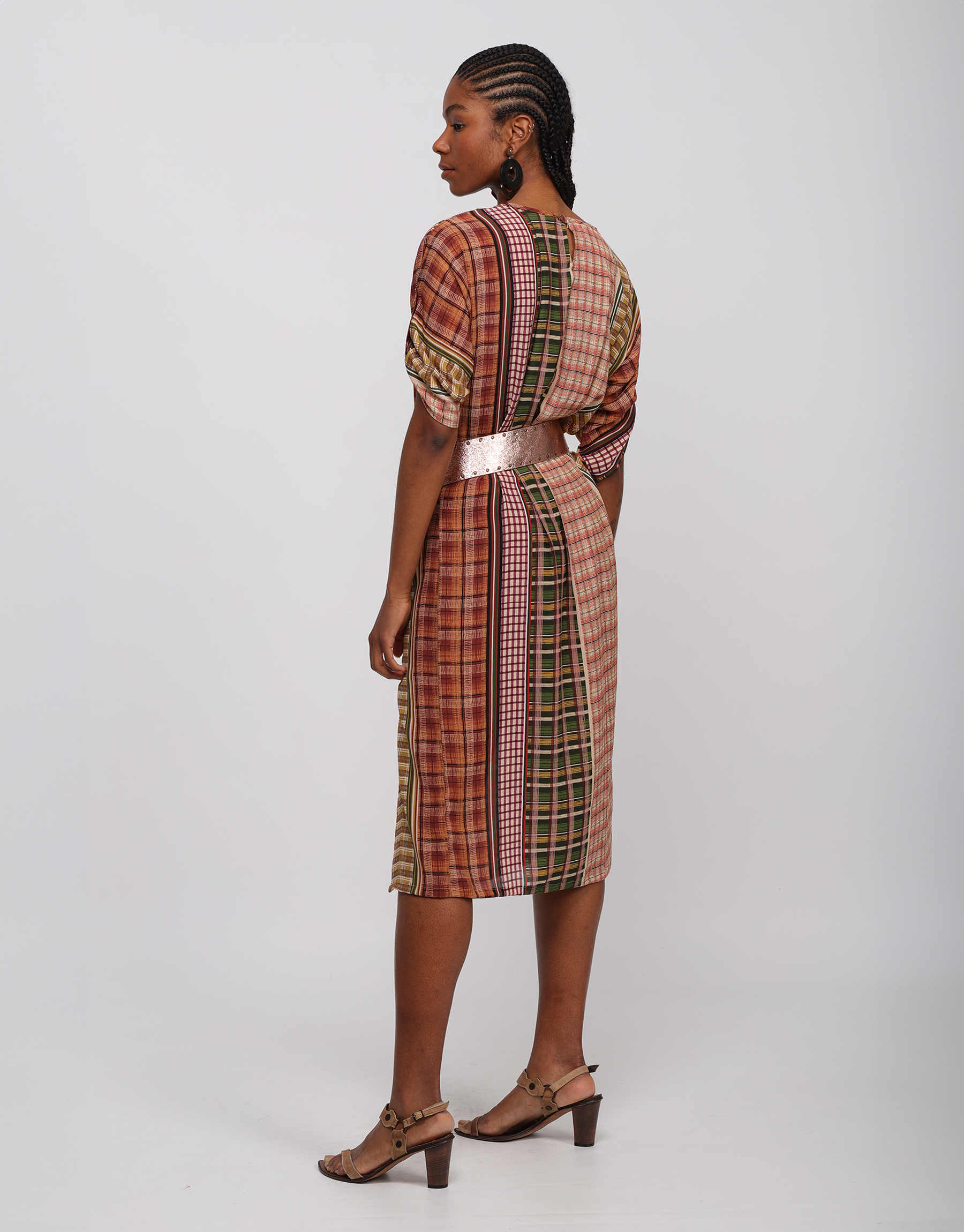 Flowing straight dress in patchwork madras printed viscose in spice tonesFlowing straight dress in patchwork madras printed viscose in spice tones