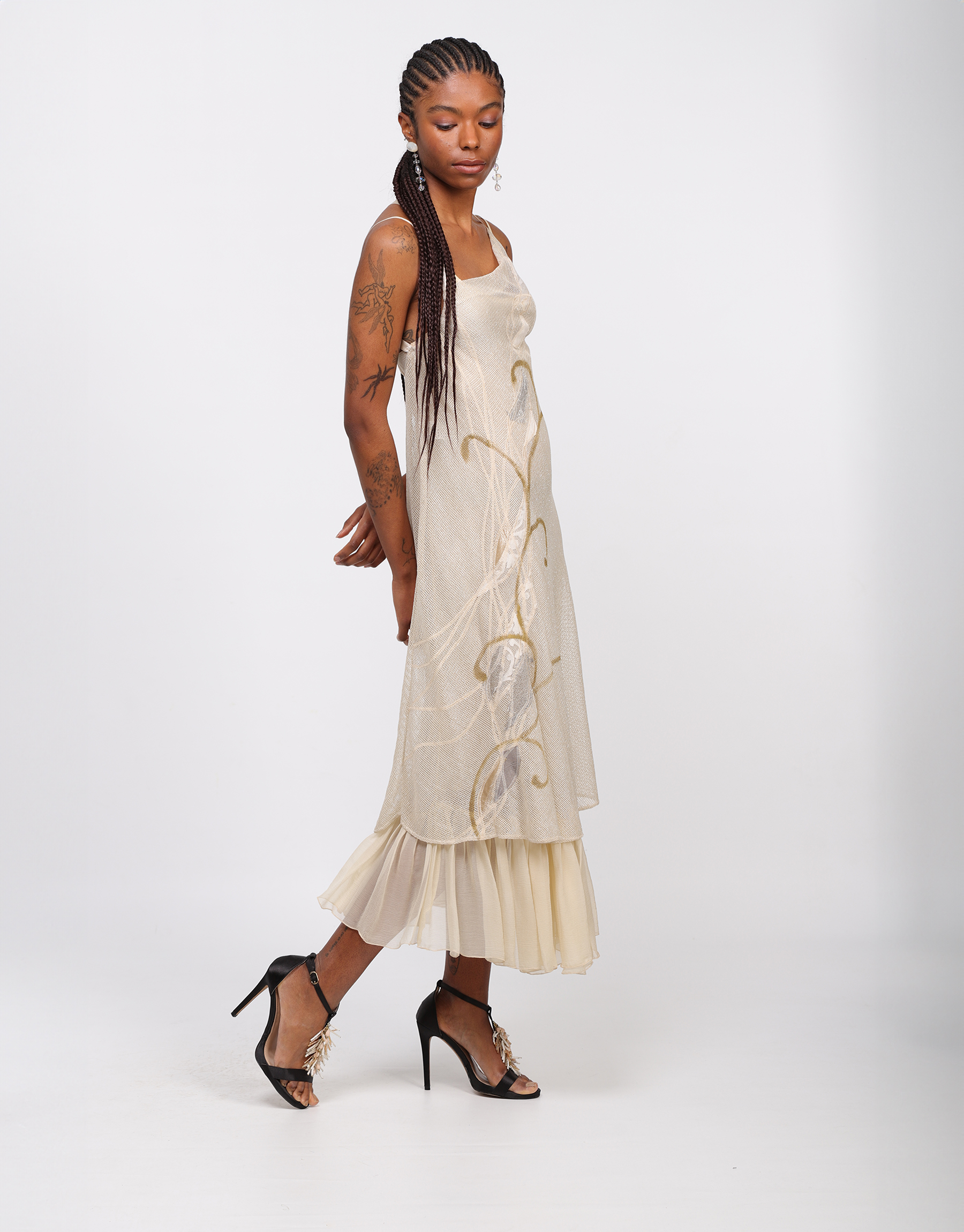 Long strappy dress in iridescent mesh and ivory chiffon