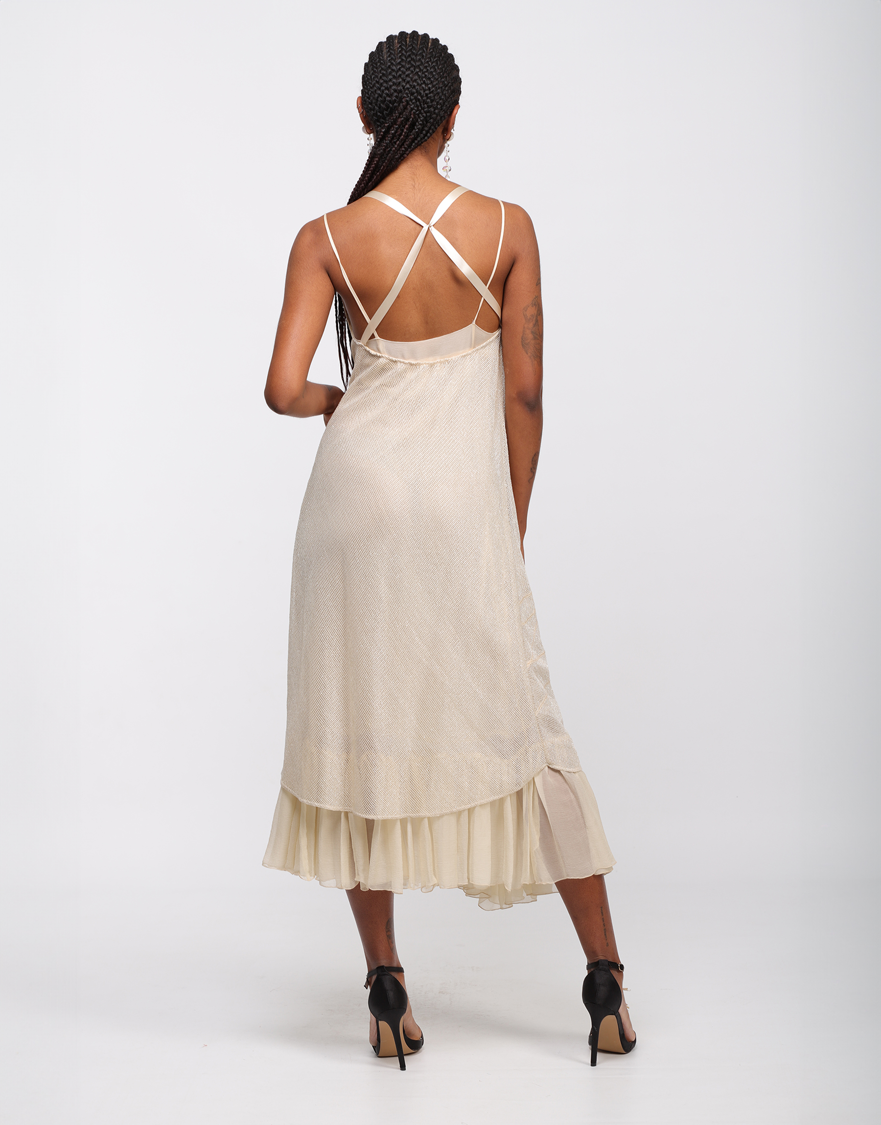 Long strappy dress in iridescent mesh and ivory chiffon