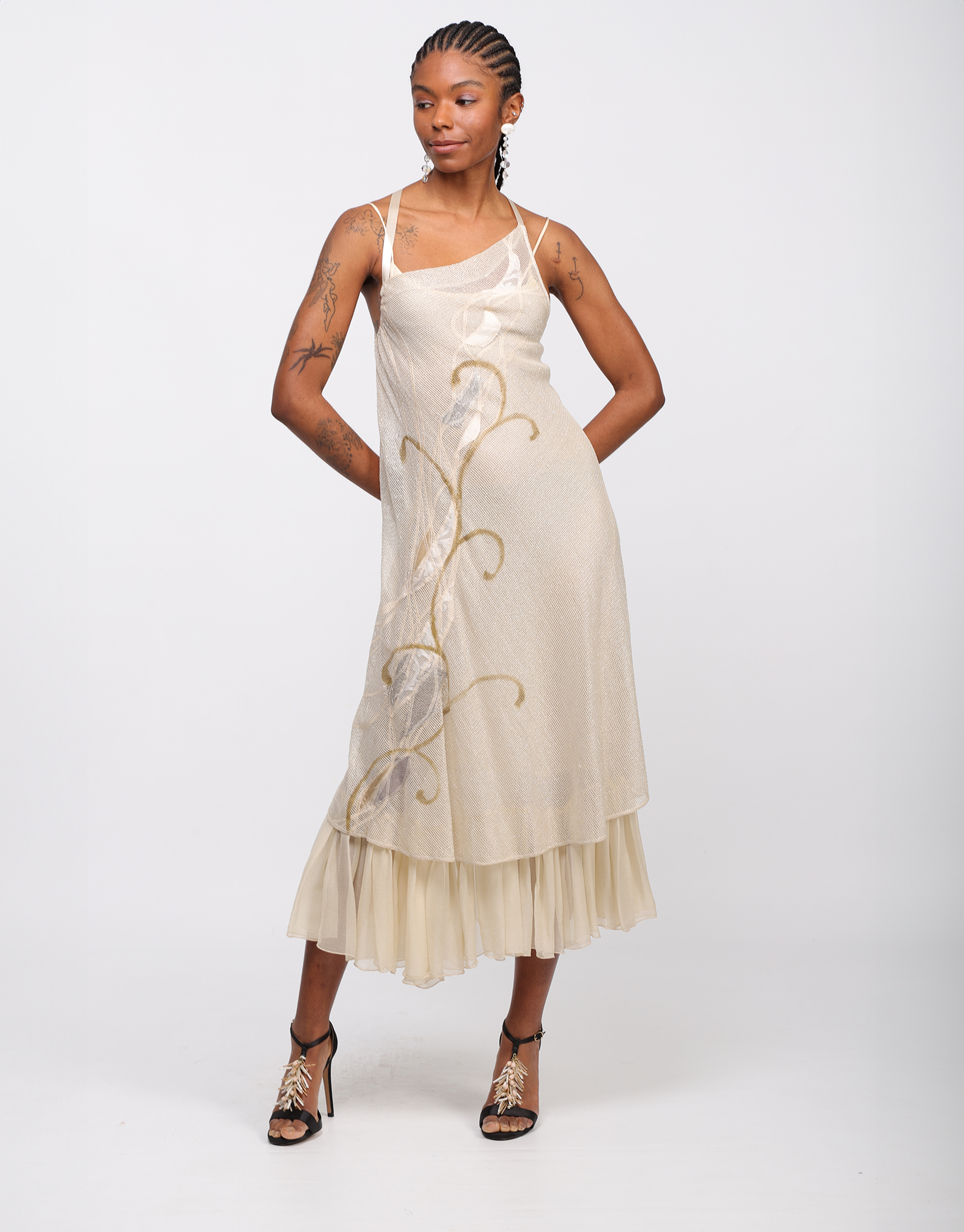 Long strappy dress in iridescent mesh and ivory chiffon