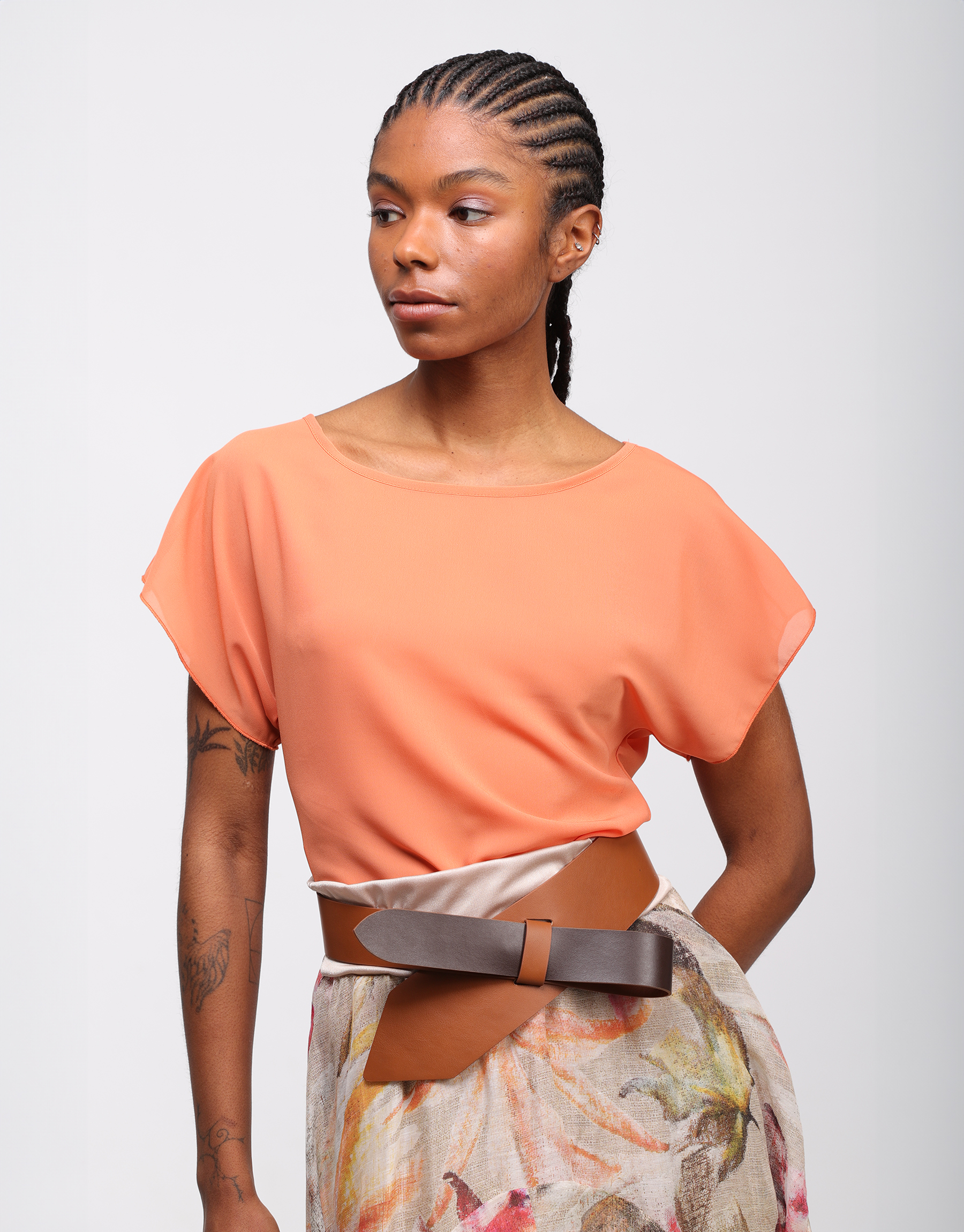 Boat neck T shorts in orange georgette crepe