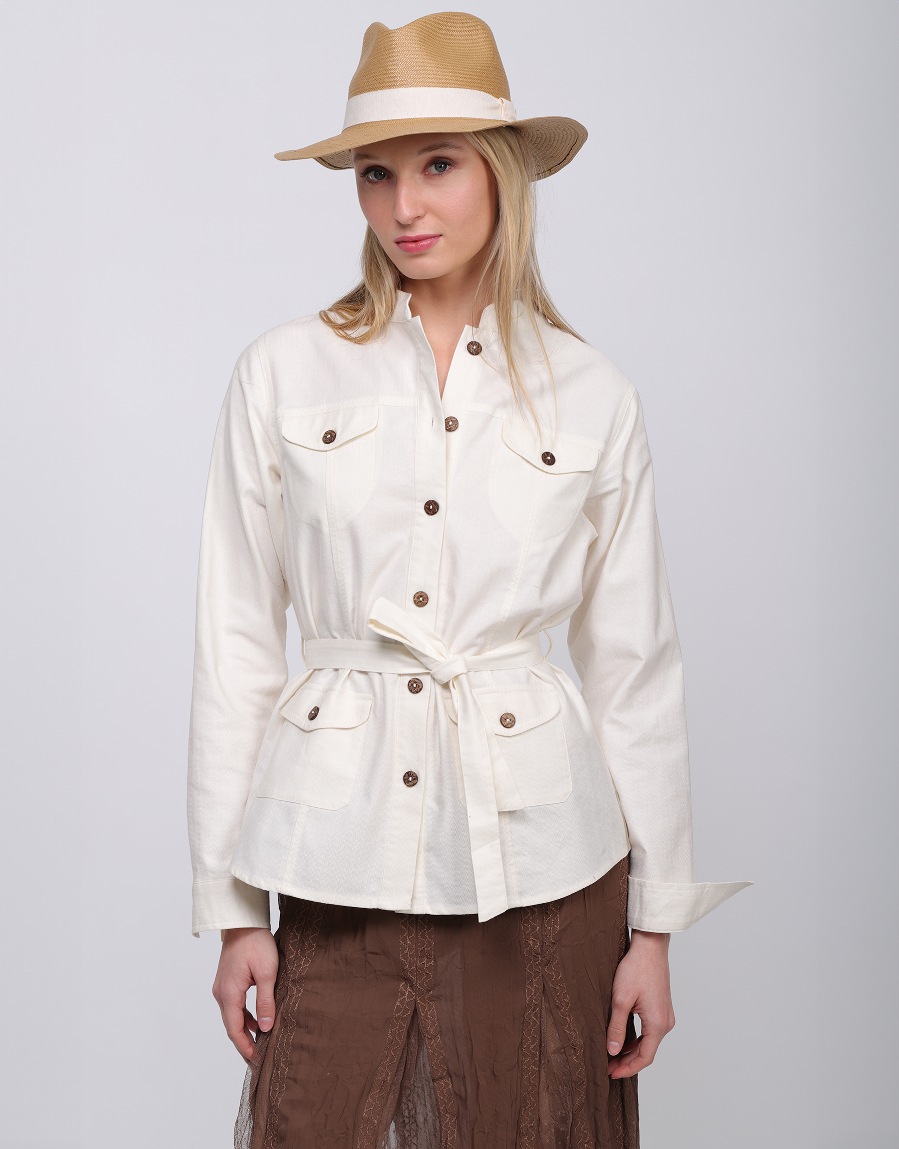 Safari jacket in ivory cotton canvas and silk