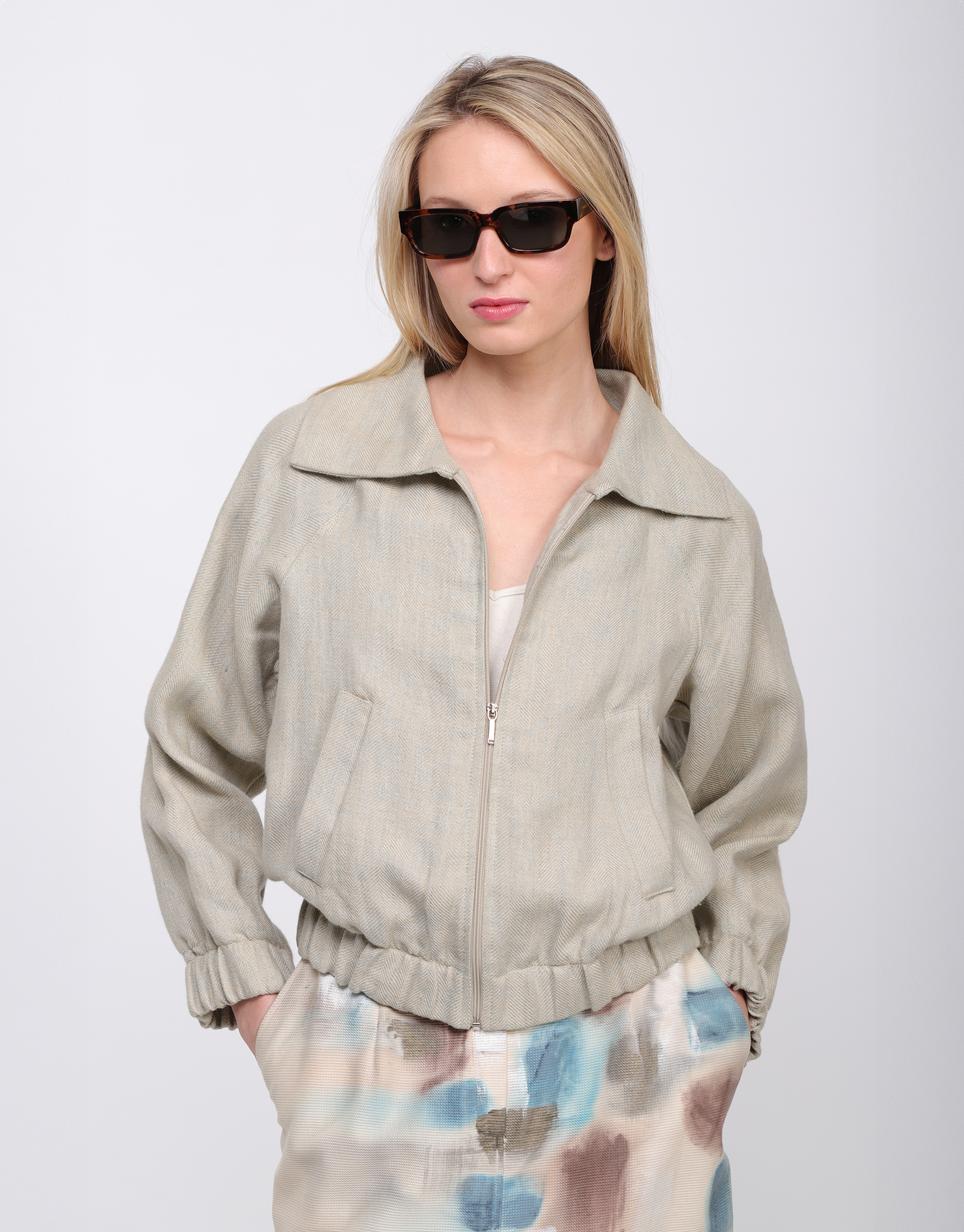 Blouson en lin et soie chevrons sable et bleu