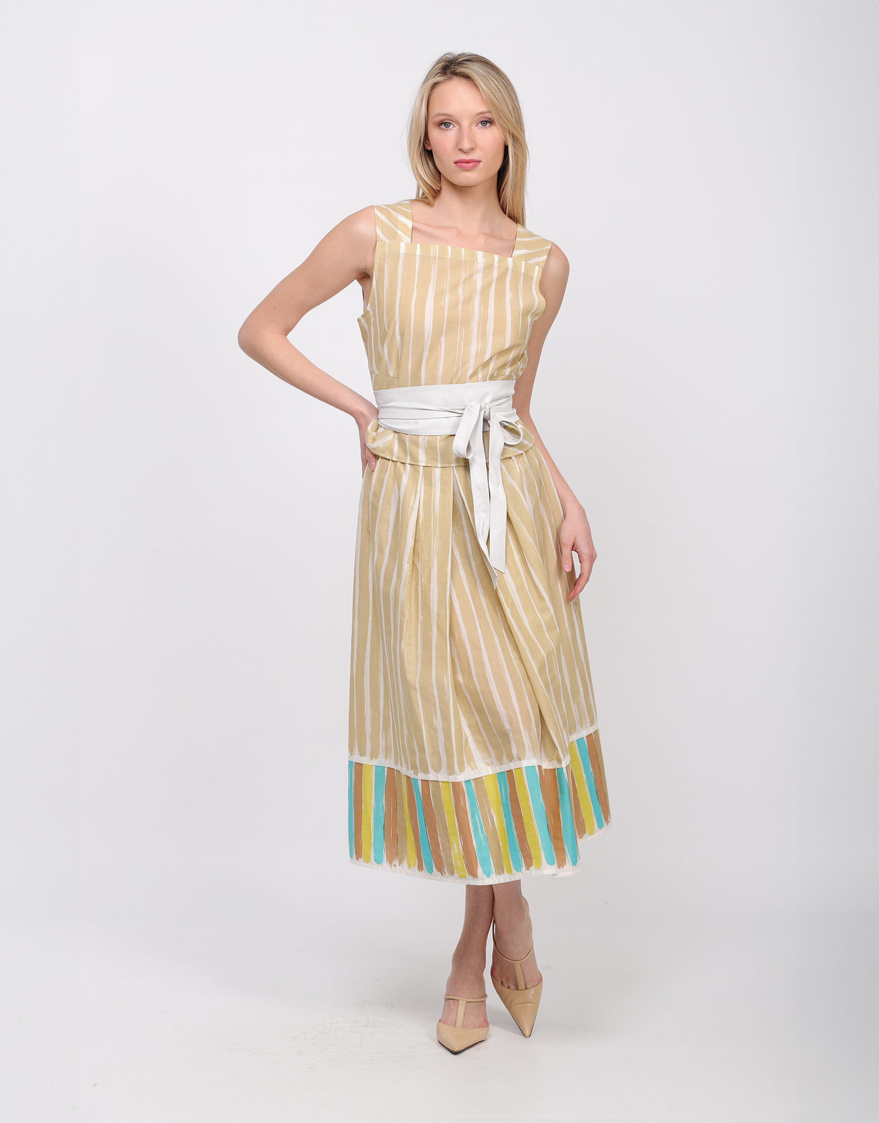 Long pleated skirt in beige and turquoise printed white cotton canvas