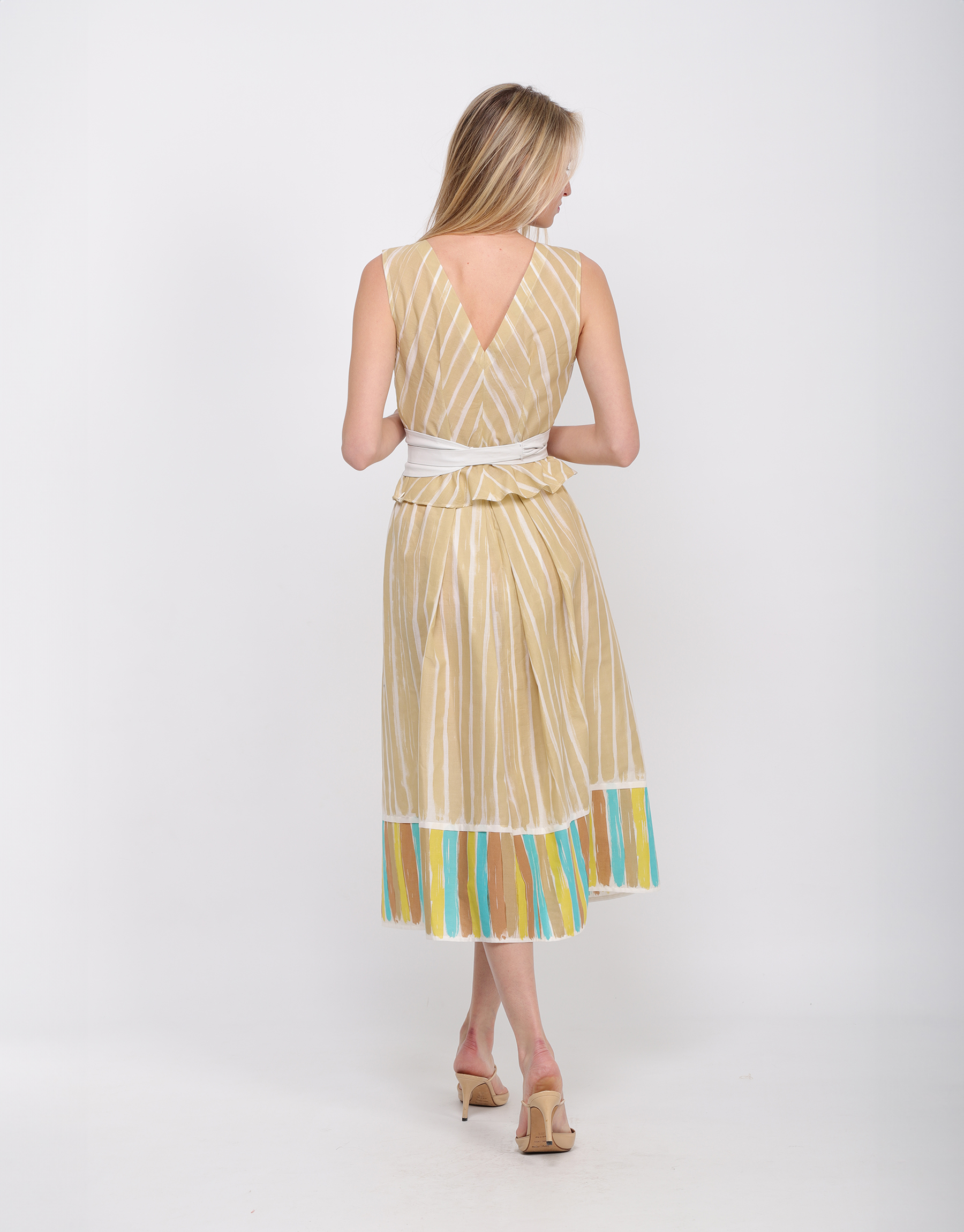 Long pleated skirt in beige and turquoise printed white cotton canvas