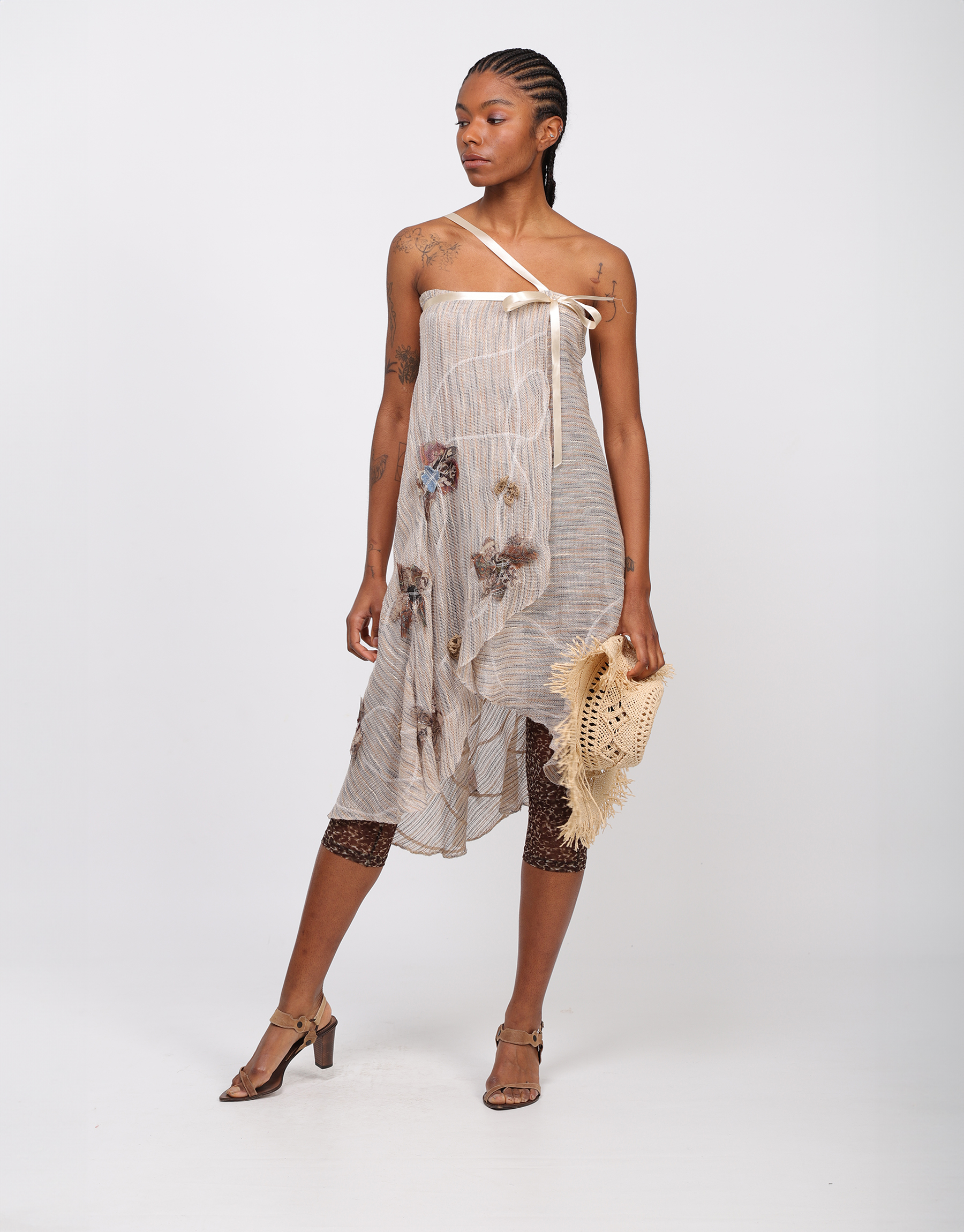 Ivory, beige and gray embroidered mesh wrap skirt/dress