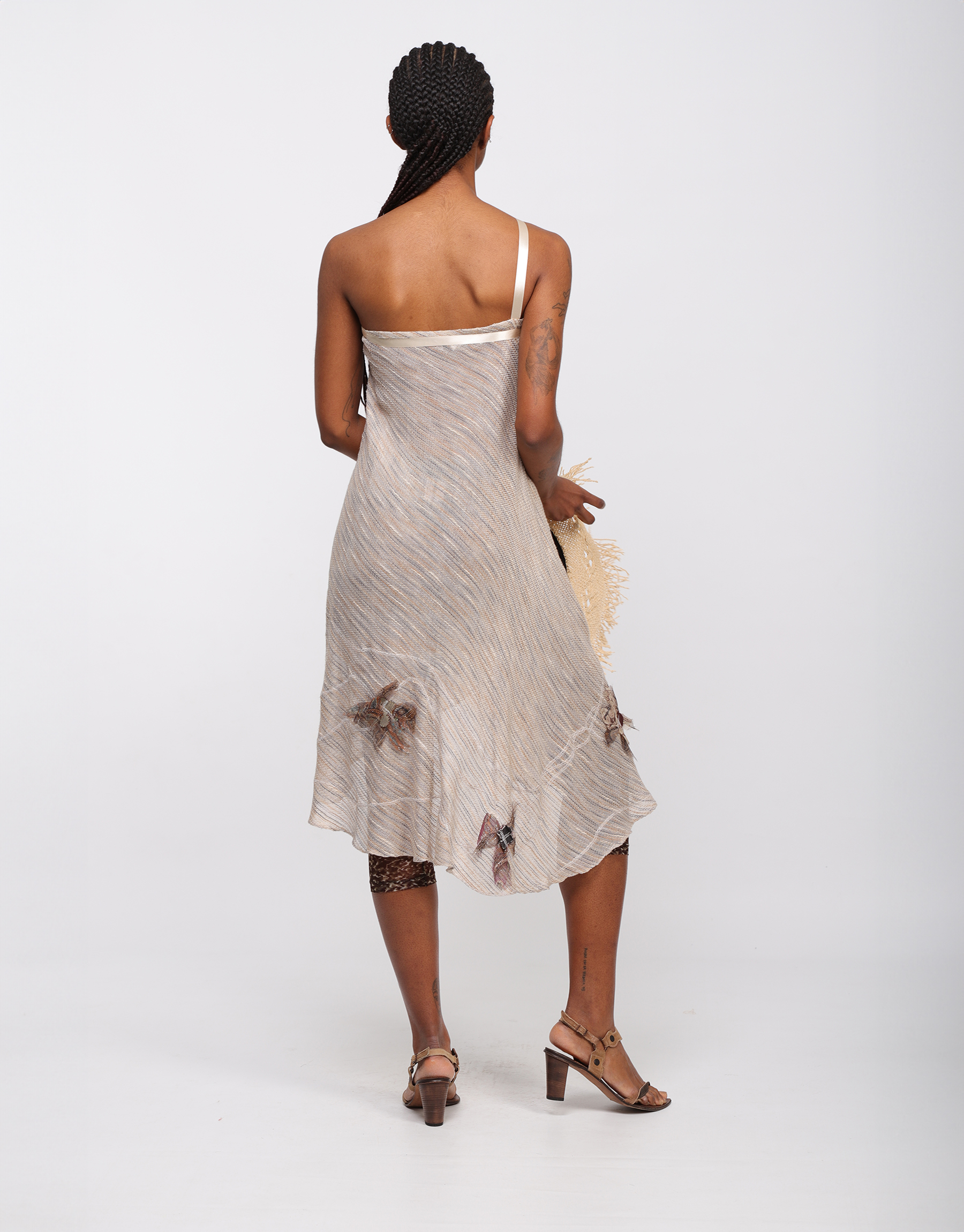 Ivory, beige and gray embroidered mesh wrap skirt/dress