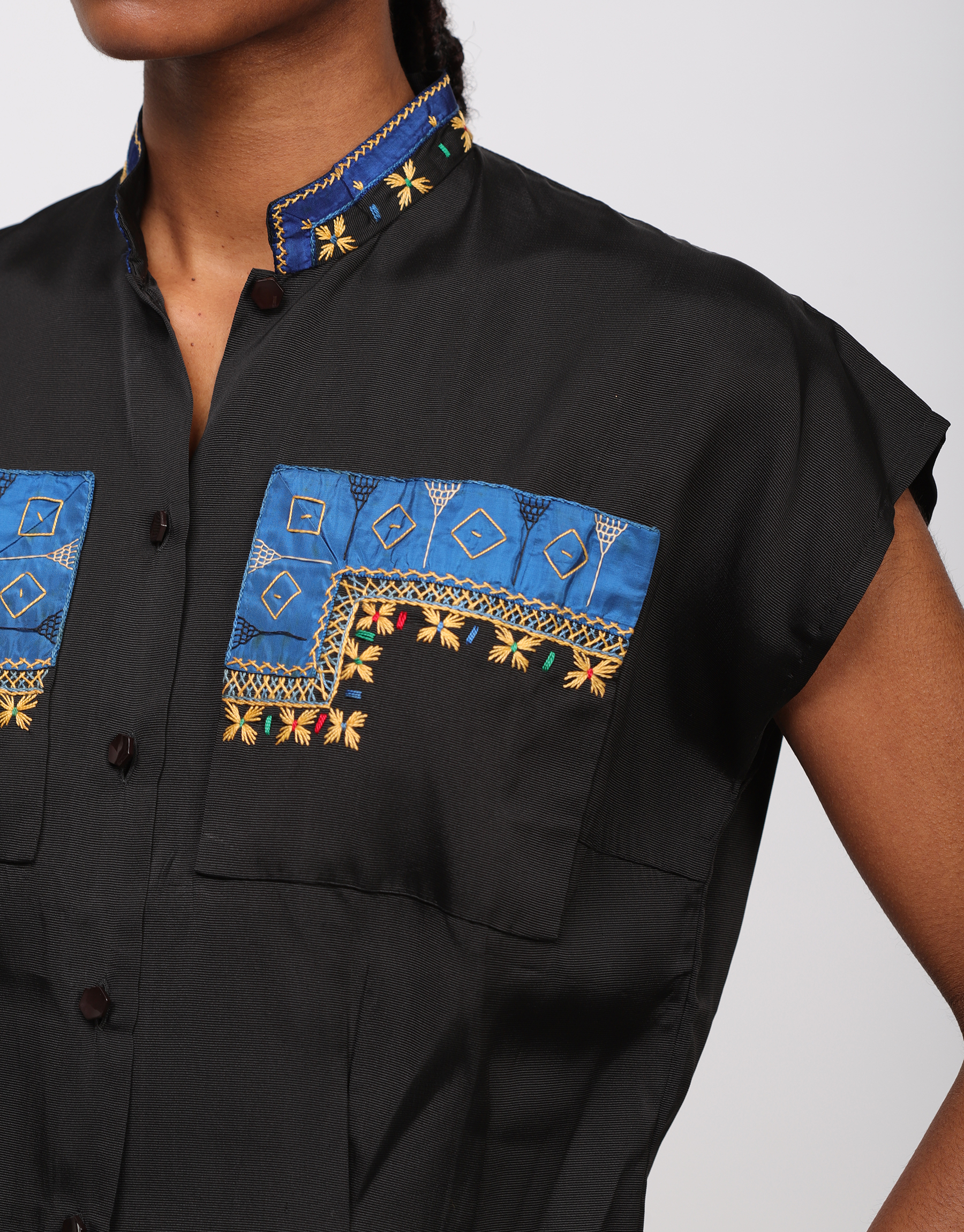 Embroidered black silk ottoman shirt