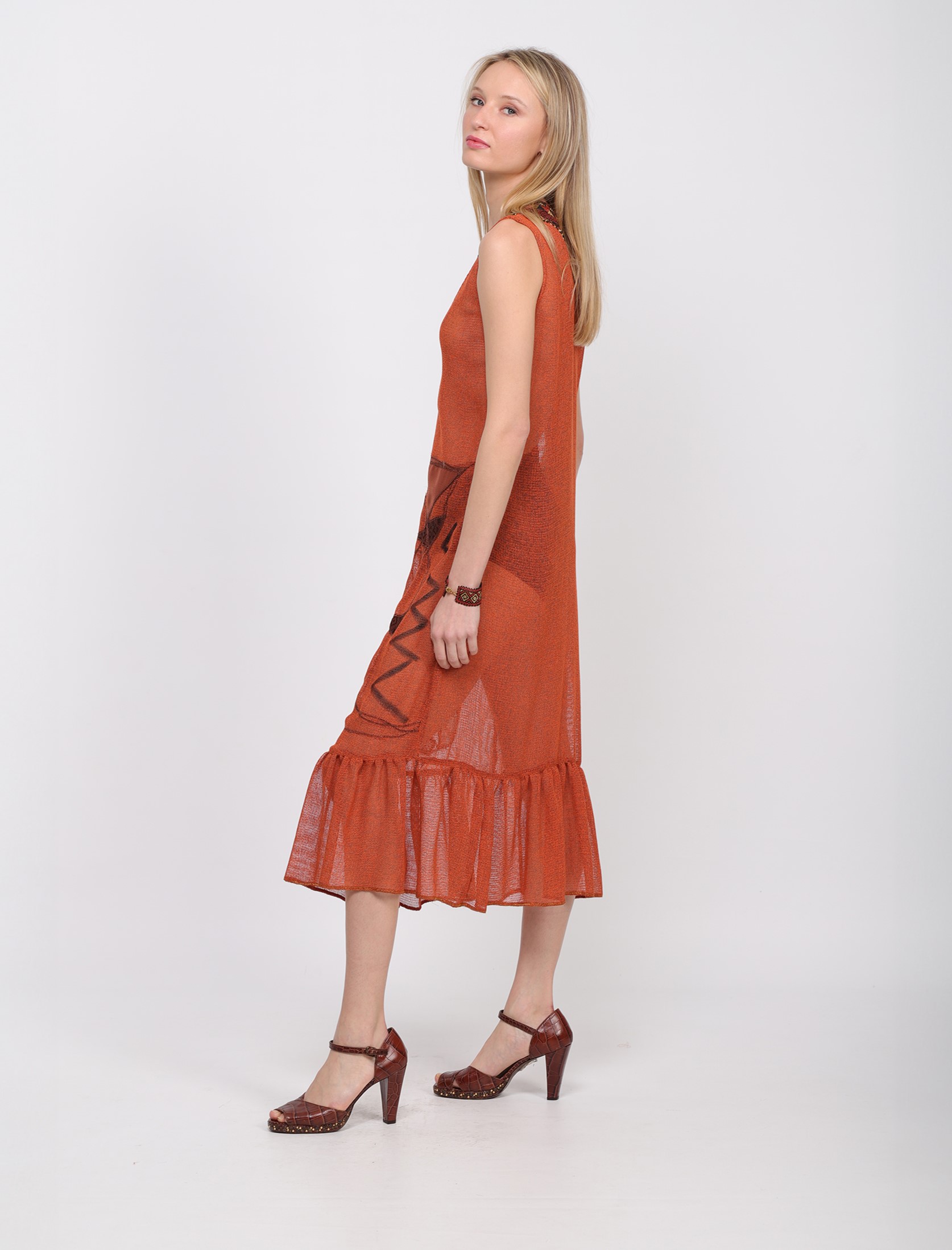 Orange mesh embroidered sleeveless long dress