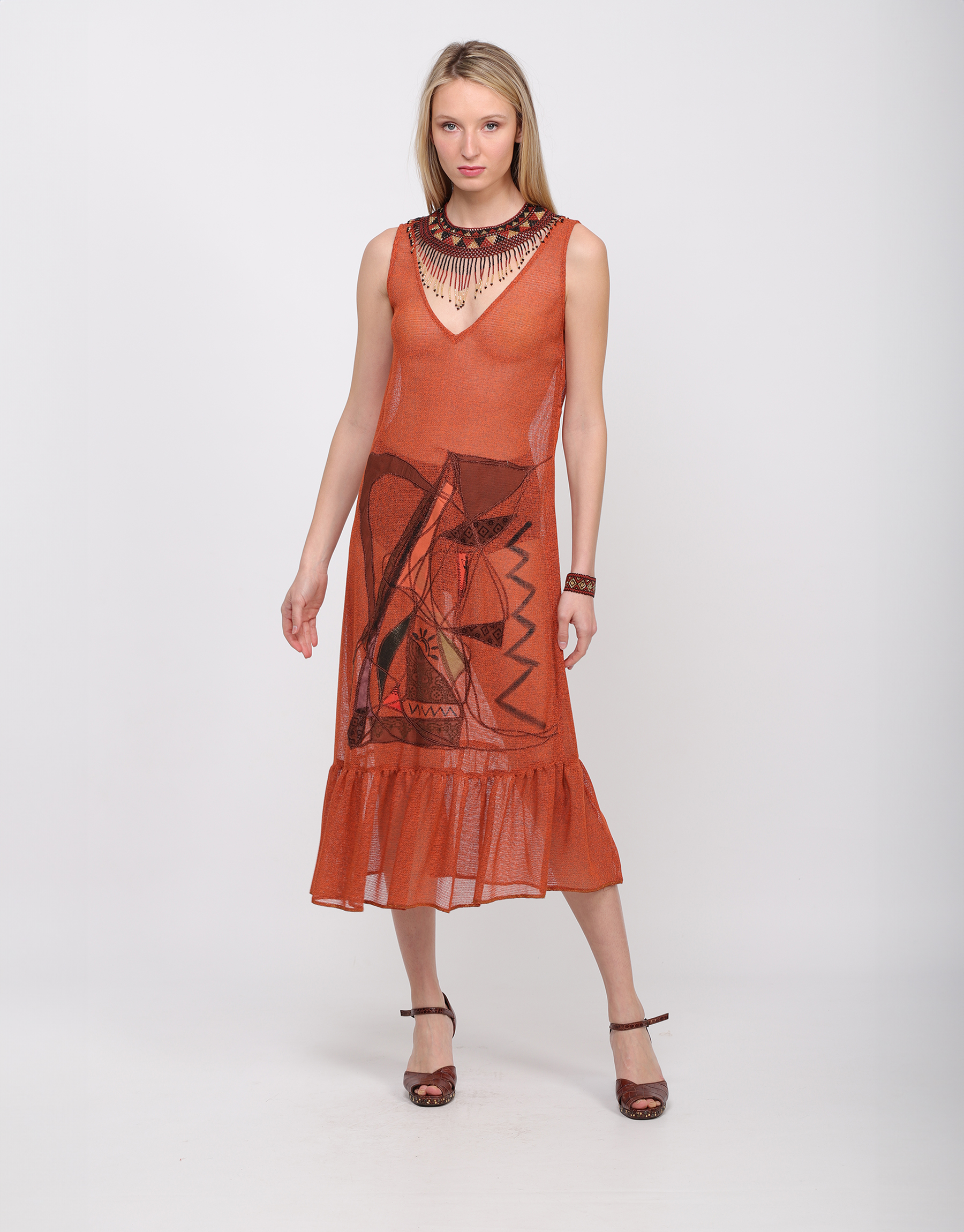 Orange mesh embroidered sleeveless long dress