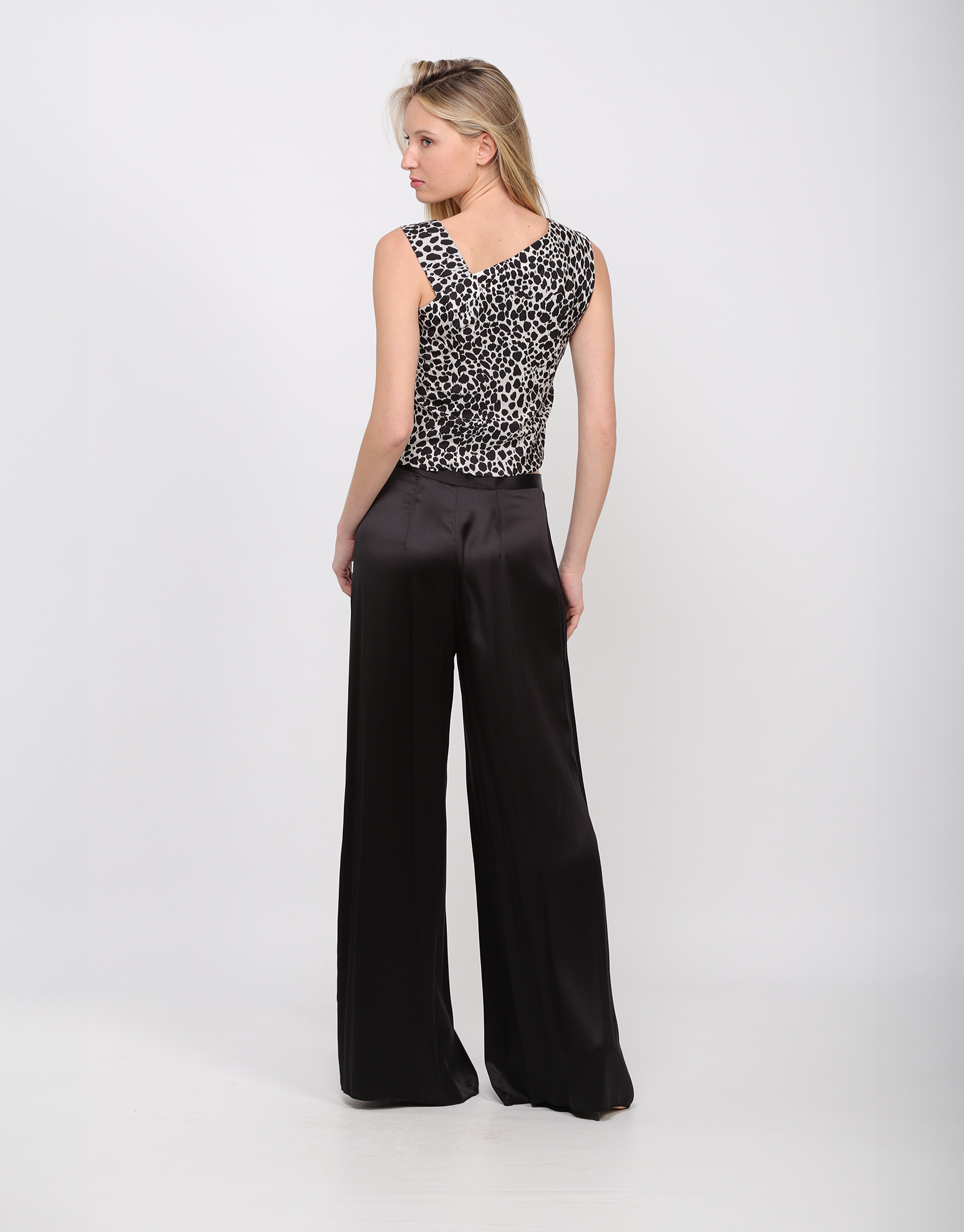 Embroidered patchwork top in black and white printed silk