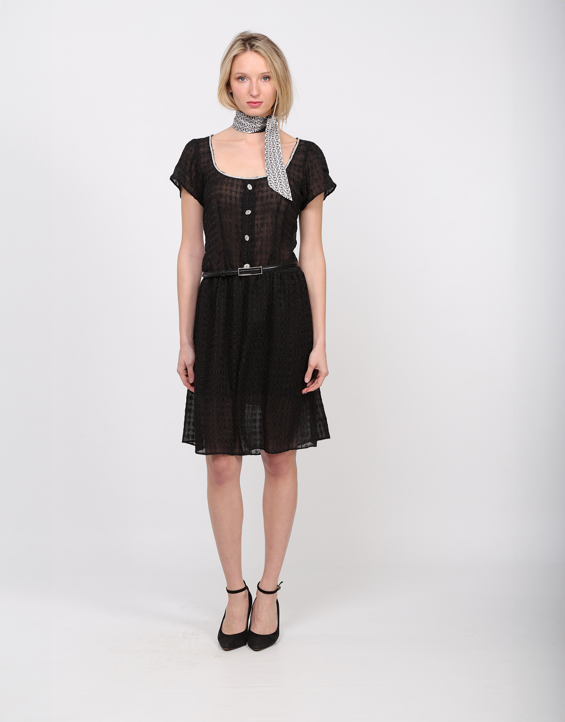 Robe noire midi en soie et viscose brodé bouillonné  