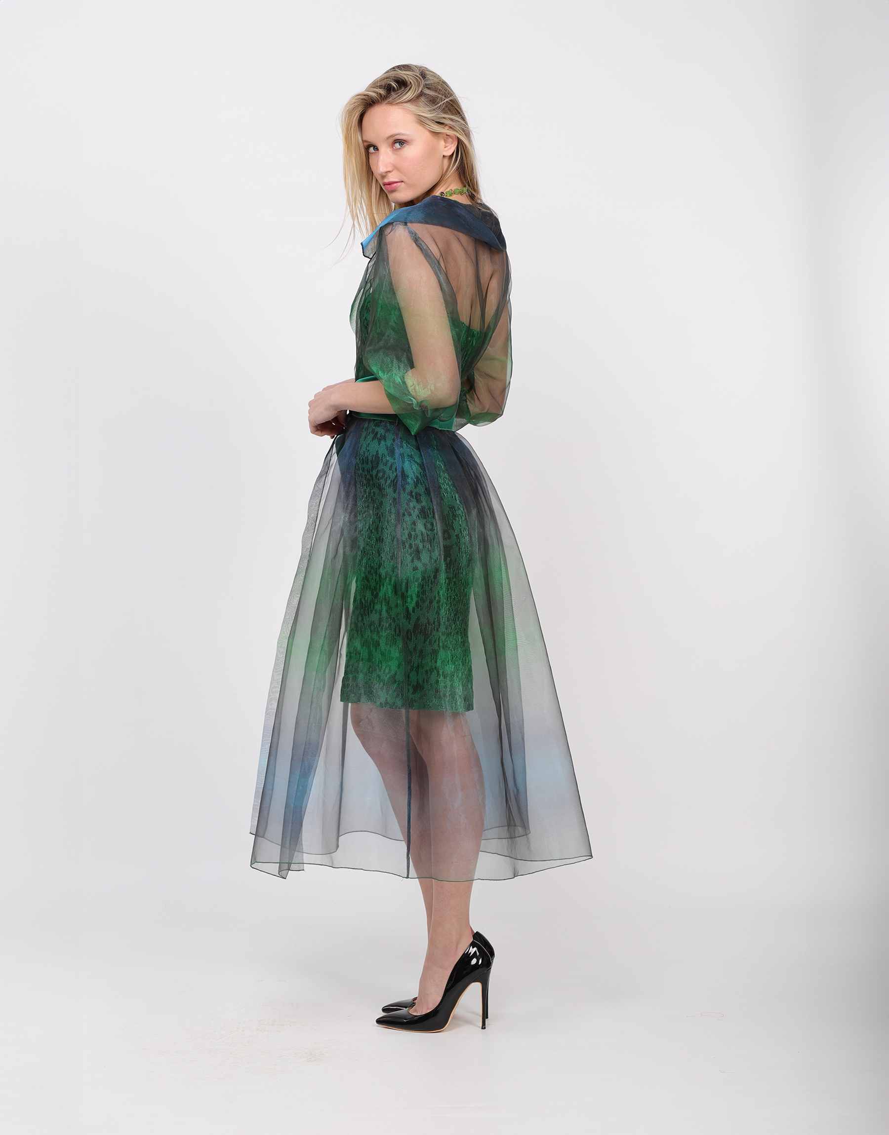 Mid-length fitted trench coat in blue-green gradient organza