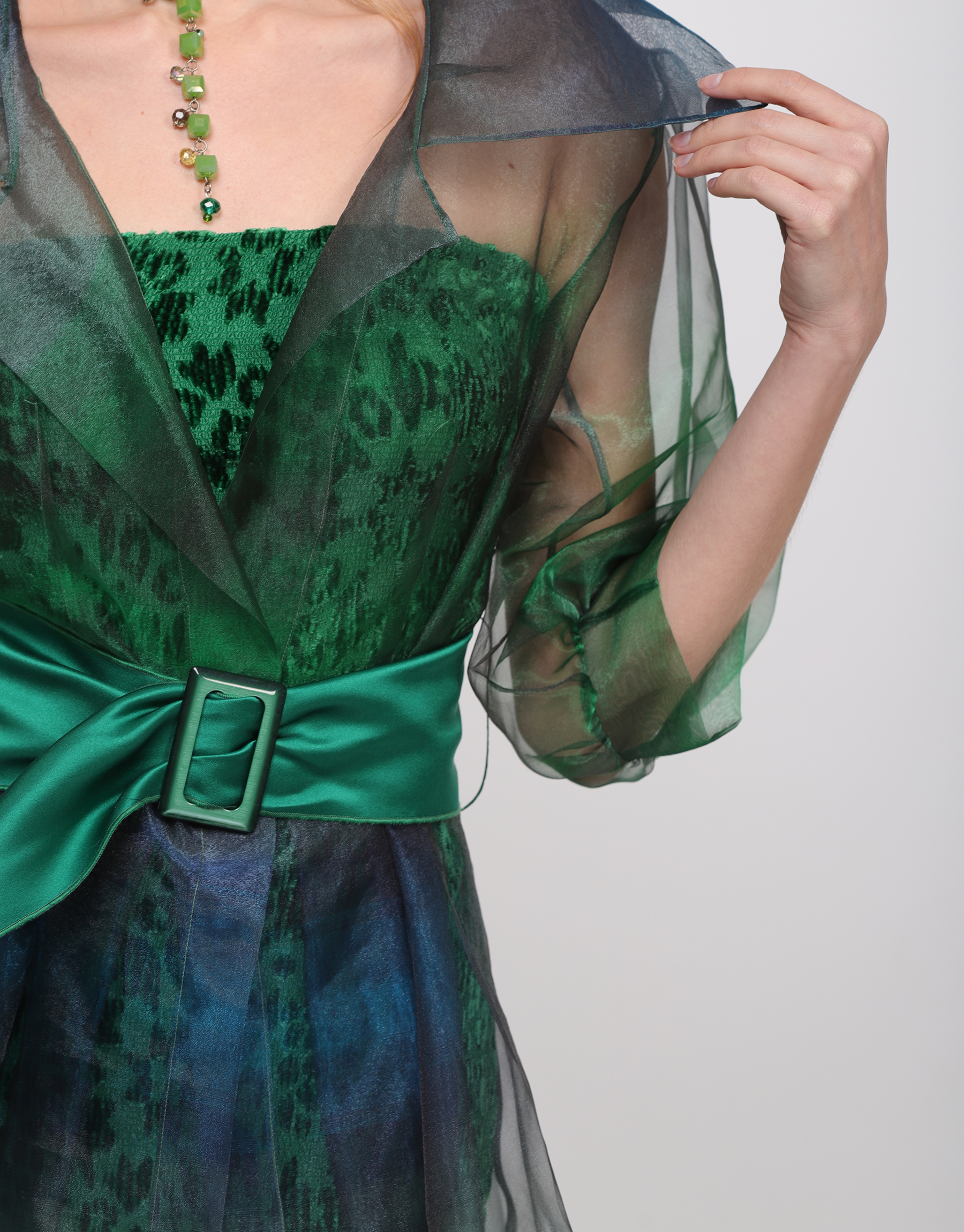 Mid-length fitted trench coat in blue-green gradient organza