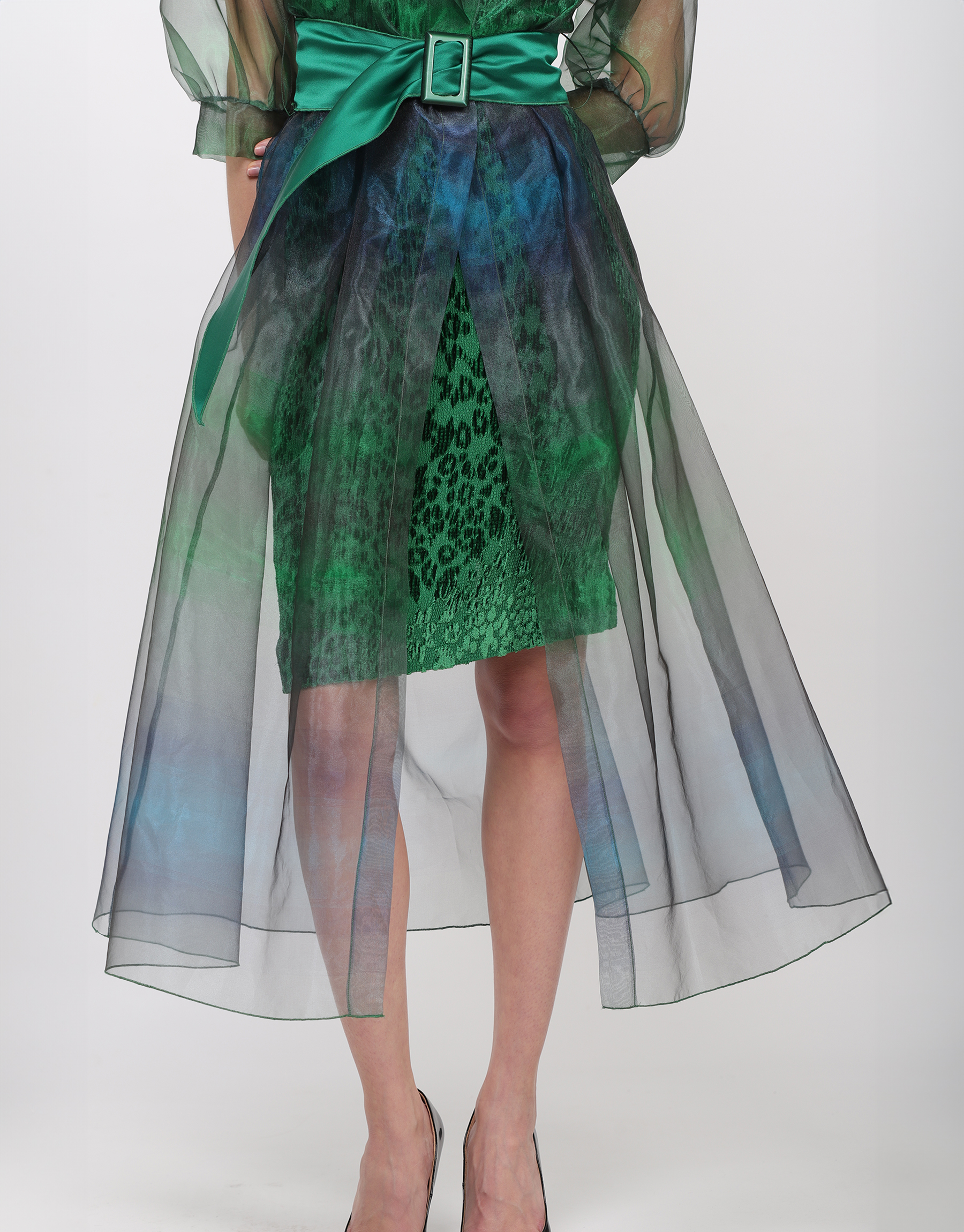 Mid-length fitted trench coat in blue-green gradient organza